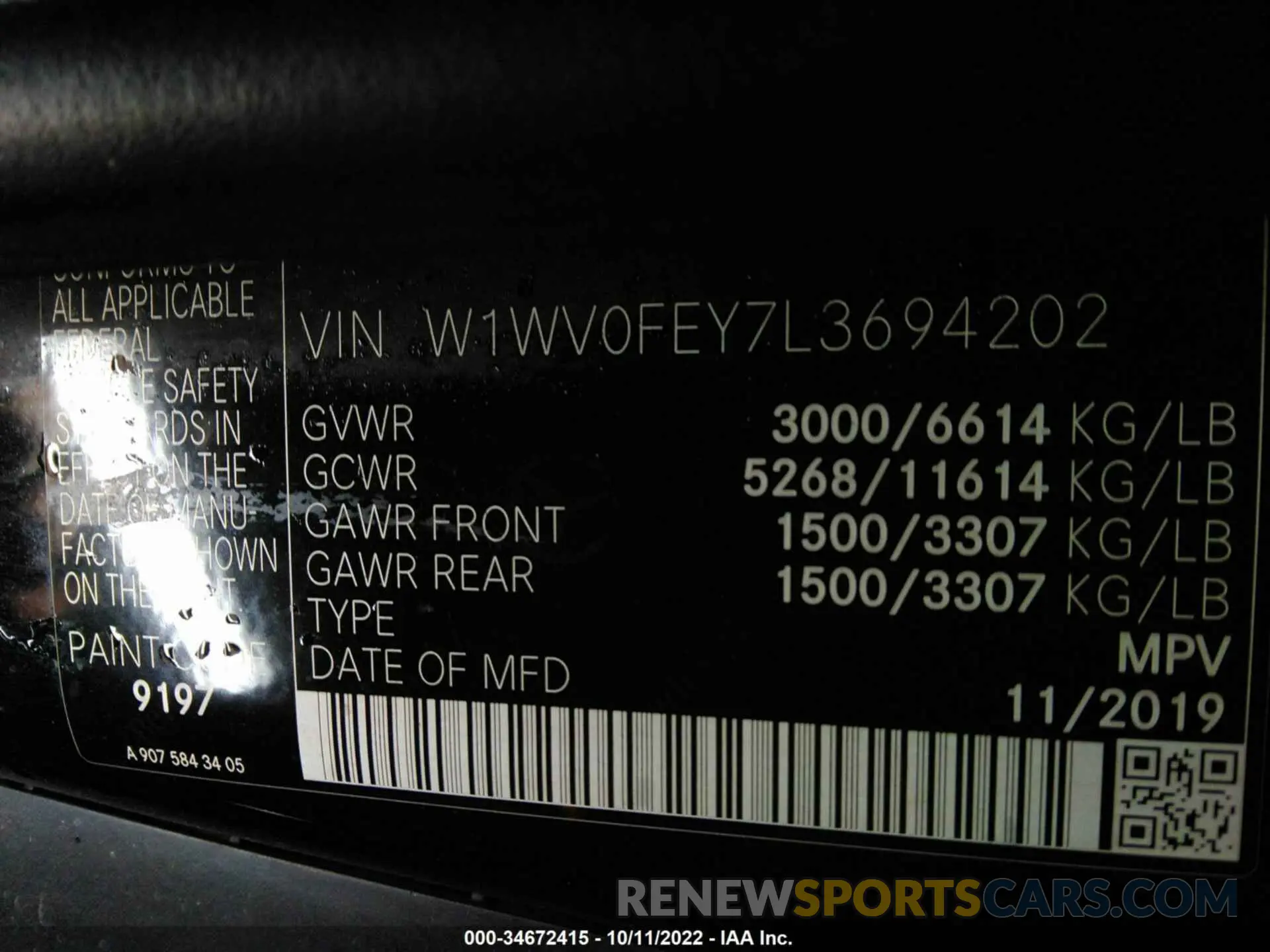 9 fotografías del automóvil dañado W1WV0FEY7L3694202 MERCEDES-BENZ METRIS PASSENGER VAN 2020