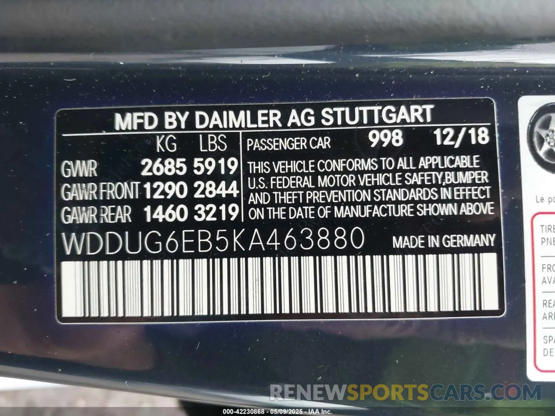 9 fotografías del automóvil dañado WDDUG6EB5KA463880 MERCEDES-BENZ S 450 2019