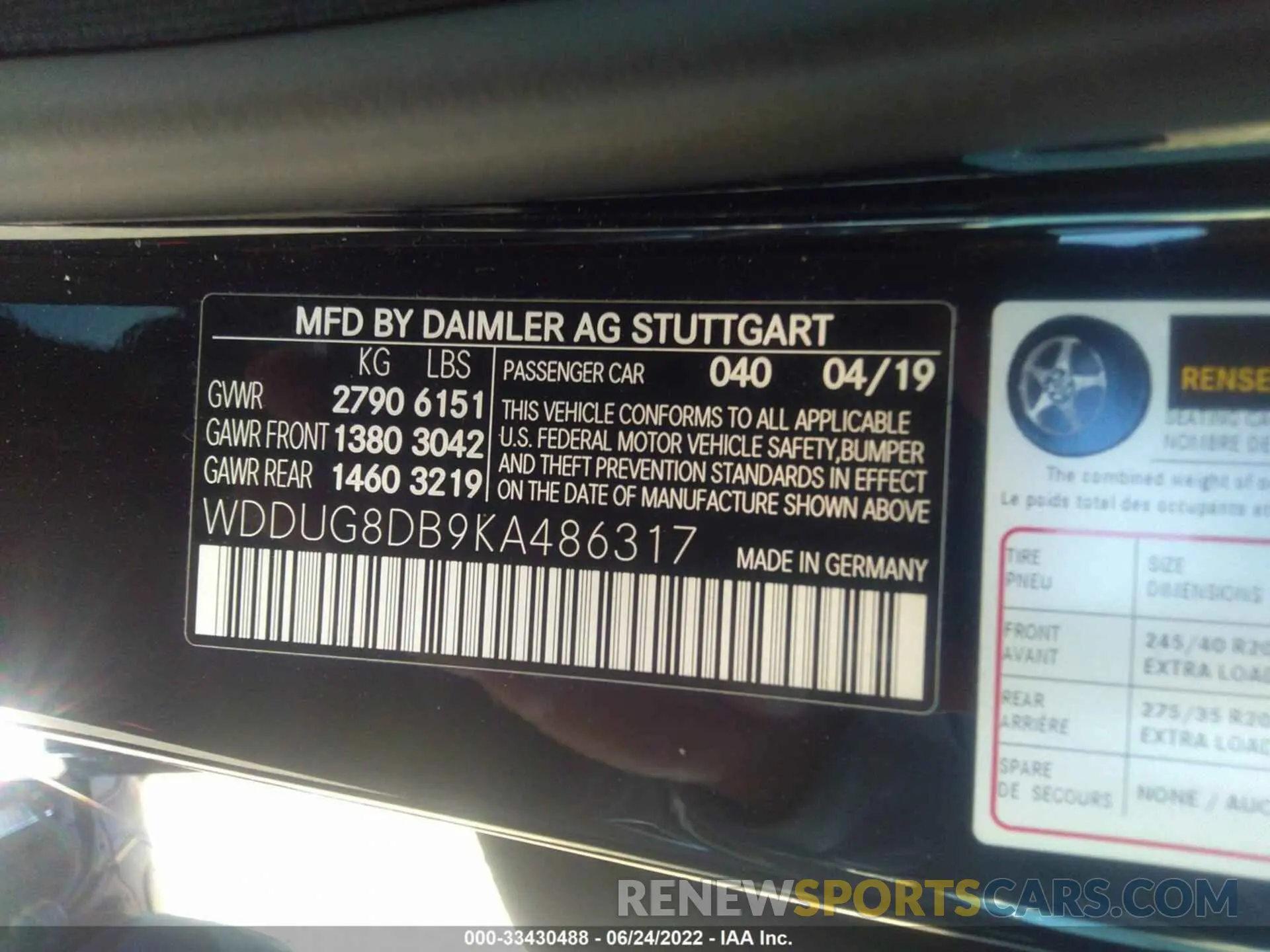 9 fotografías del automóvil dañado WDDUG8DB9KA486317 MERCEDES-BENZ S-CLASS 2019
