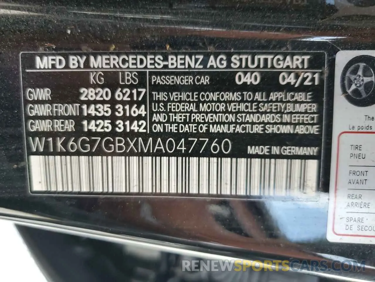 10 fotografías del automóvil dañado W1K6G7GBXMA047760 MERCEDES-BENZ S-CLASS 2021