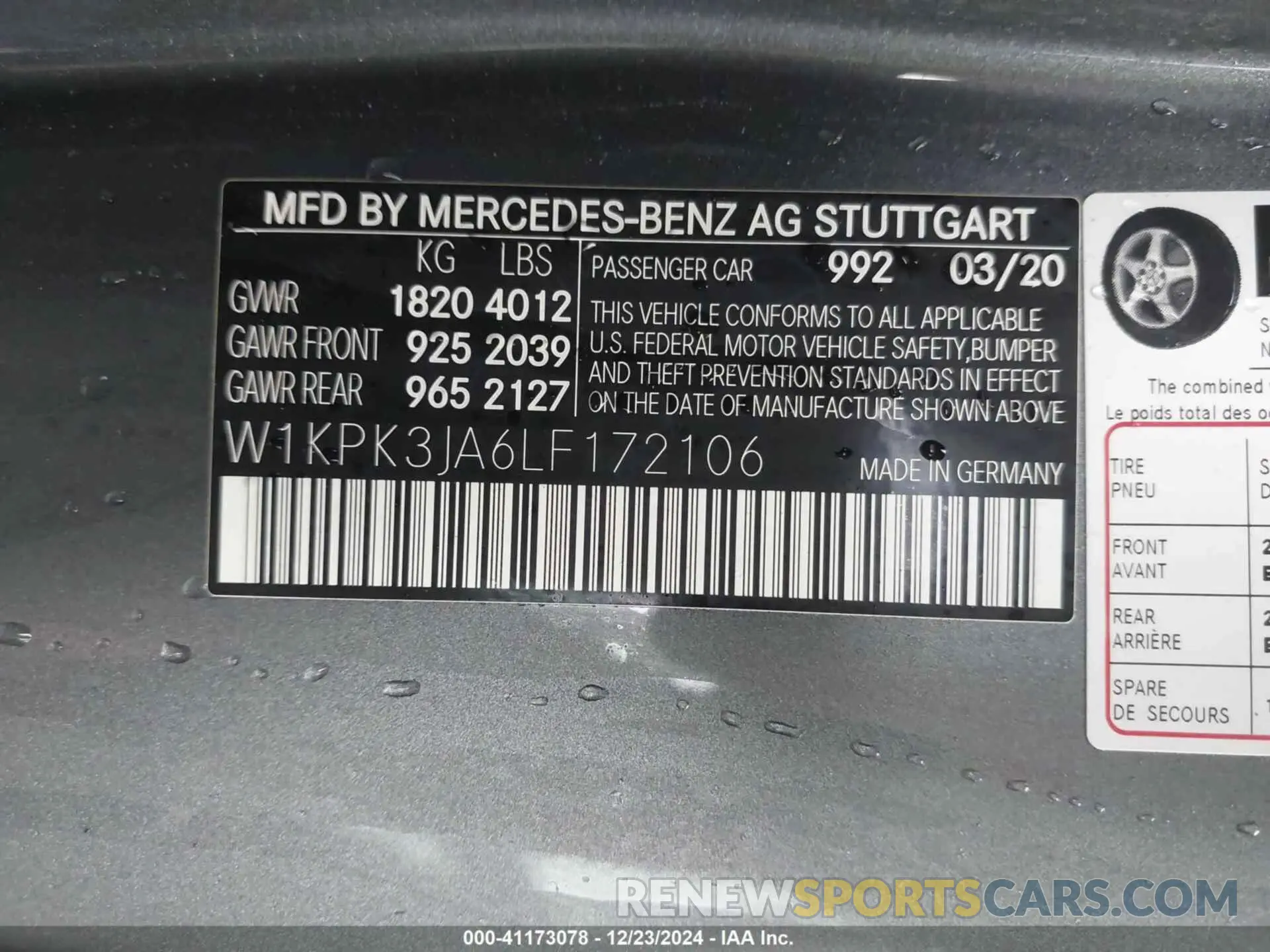 9 fotografías del automóvil dañado W1KPK3JA6LF172106 MERCEDES-BENZ SLC 300 2020