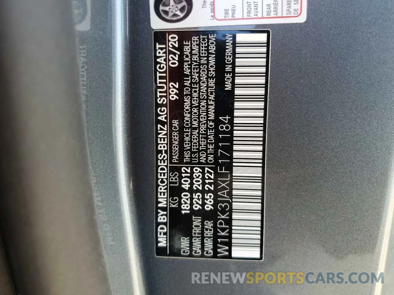 10 fotografías del automóvil dañado W1KPK3JAXLF171184 MERCEDES-BENZ SLC-CLASS 2020