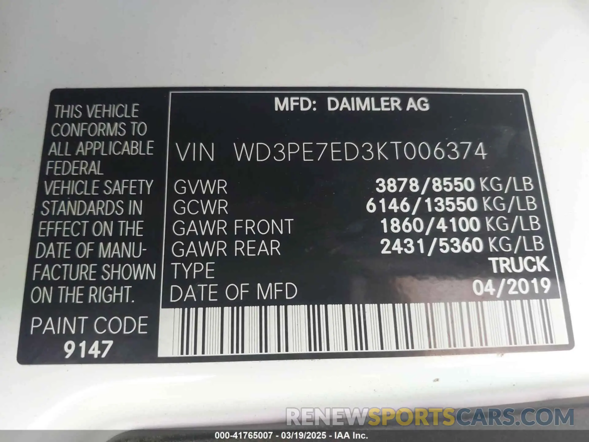 9 fotografías del automóvil dañado WD3PE7ED3KT006374 MERCEDES-BENZ SPRINTER 1500 2019