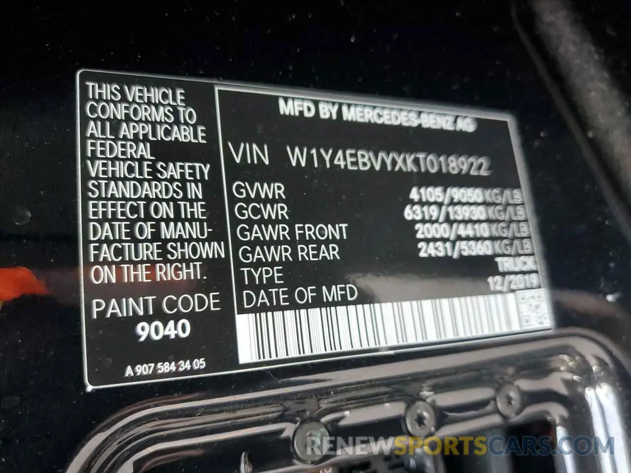 10 fotografías del automóvil dañado W1Y4EBVYXKT018922 MERCEDES-BENZ SPRINTER 2019