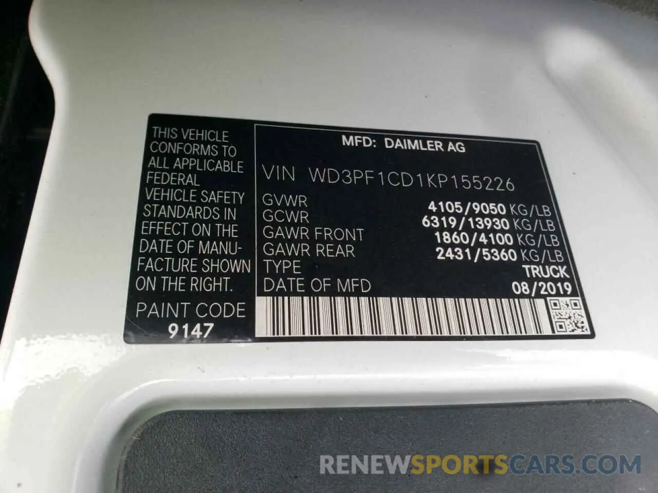 10 fotografías del automóvil dañado WD3PF1CD1KP155226 MERCEDES-BENZ SPRINTER 2019