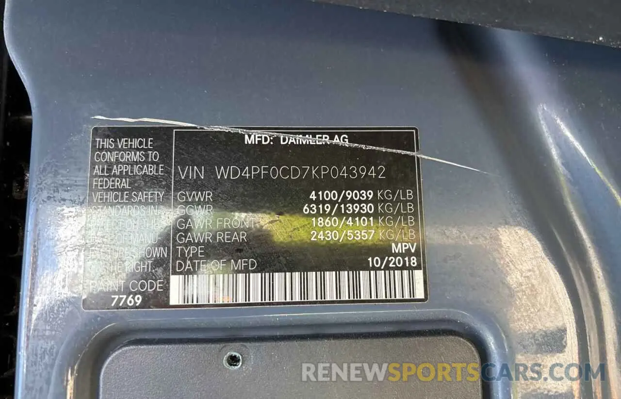 10 fotografías del automóvil dañado WD4PF0CD7KP043942 MERCEDES-BENZ SPRINTER 2019