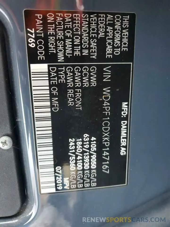 12 fotografías del automóvil dañado WD4PF1CDXKP147167 MERCEDES-BENZ SPRINTER 2019