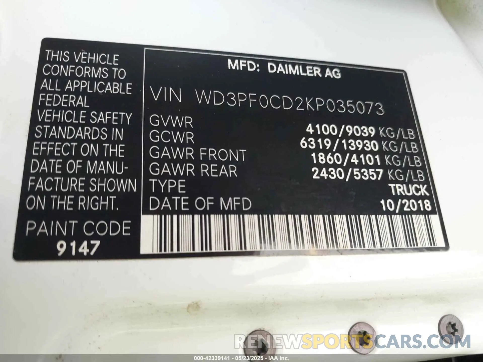 9 fotografías del automóvil dañado WD3PF0CD2KP035073 MERCEDES-BENZ SPRINTER 2500 2019
