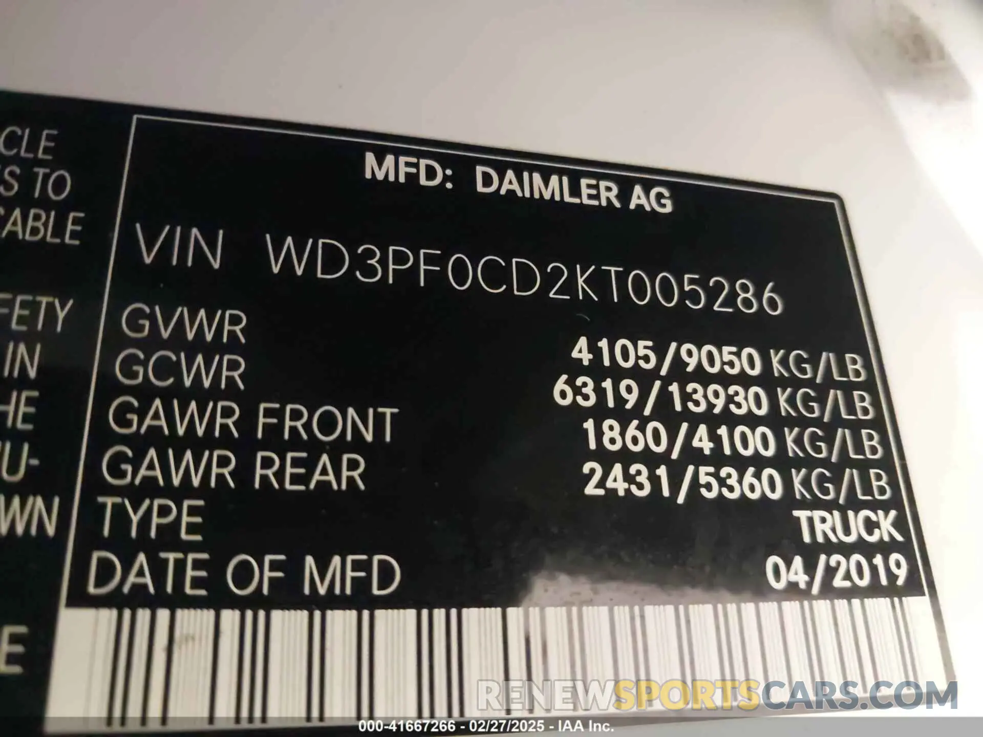 9 fotografías del automóvil dañado WD3PF0CD2KT005286 MERCEDES-BENZ SPRINTER 2500 2019