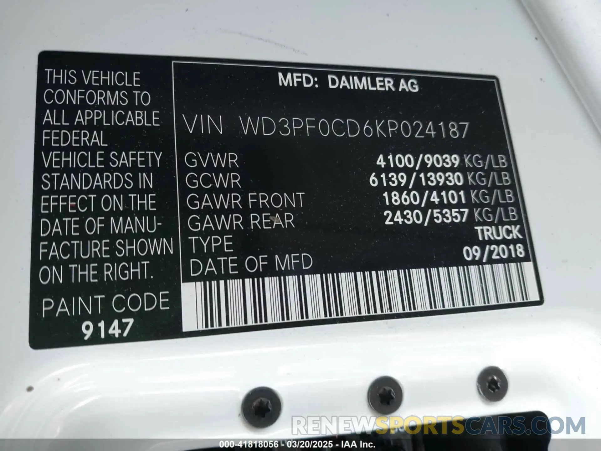 9 fotografías del automóvil dañado WD3PF0CD6KP024187 MERCEDES-BENZ SPRINTER 2500 2019