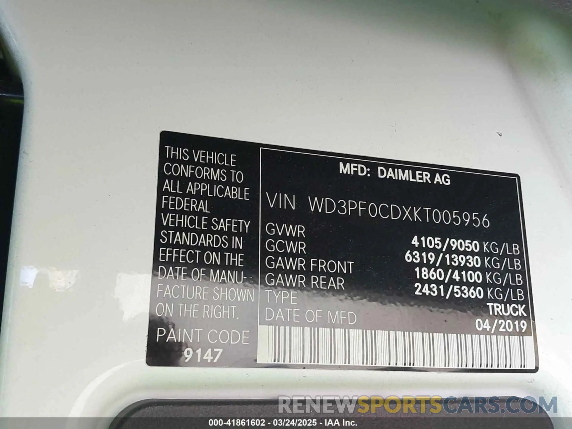 9 fotografías del automóvil dañado WD3PF0CDXKT005956 MERCEDES-BENZ SPRINTER 2500 2019
