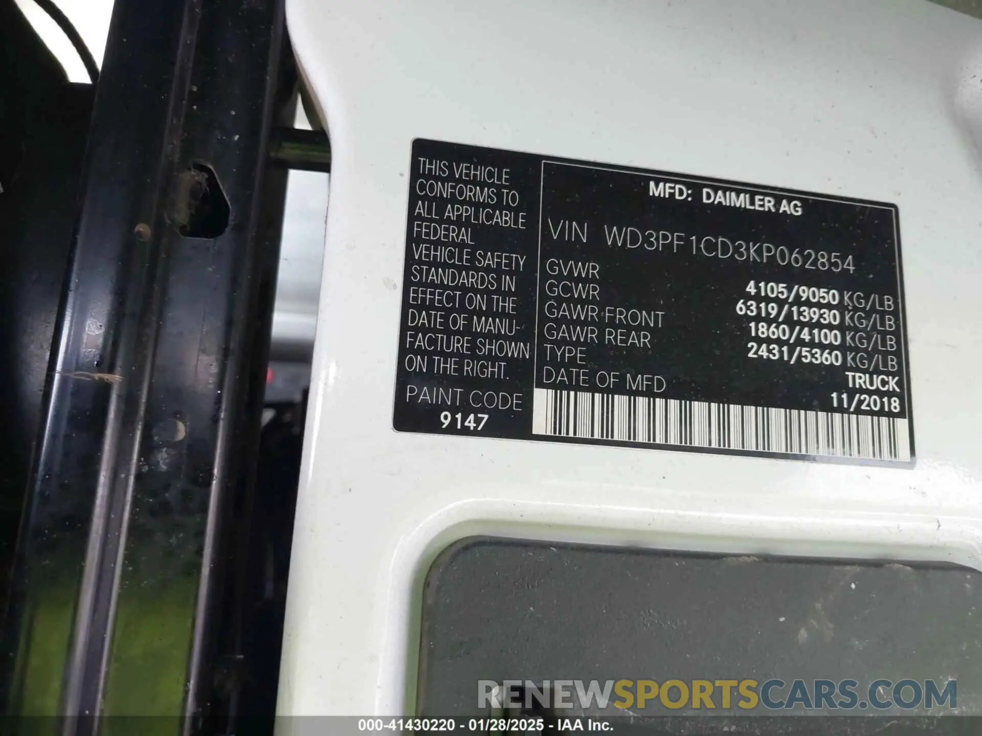 9 fotografías del automóvil dañado WD3PF1CD3KP062854 MERCEDES-BENZ SPRINTER 2500 2019