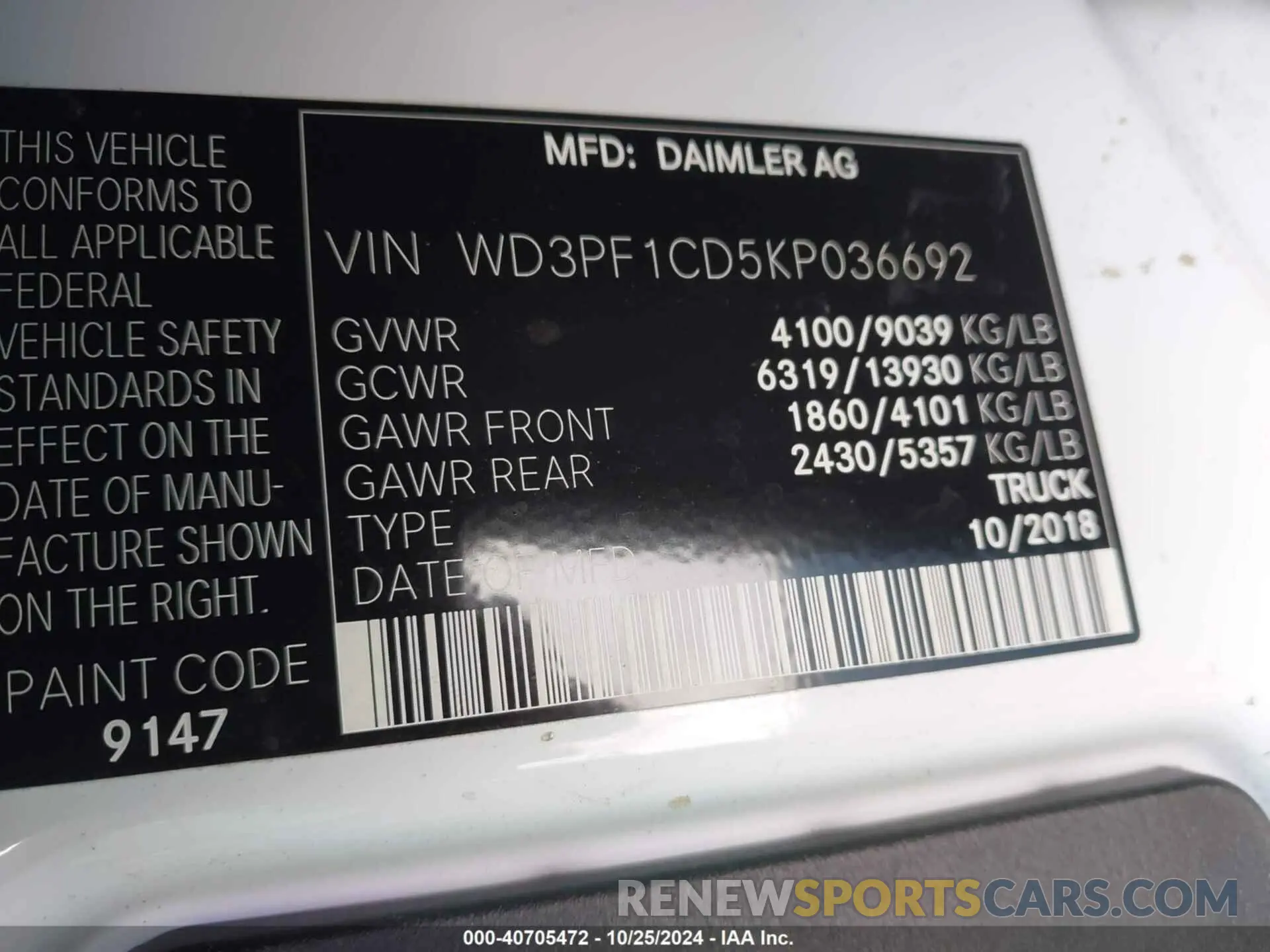9 fotografías del automóvil dañado WD3PF1CD5KP036692 MERCEDES-BENZ SPRINTER 2500 2019