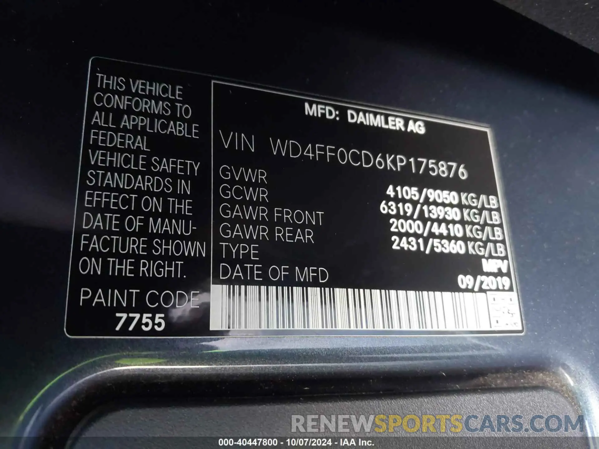 9 fotografías del automóvil dañado WD4FF0CD6KP175876 MERCEDES-BENZ SPRINTER 2500 2019