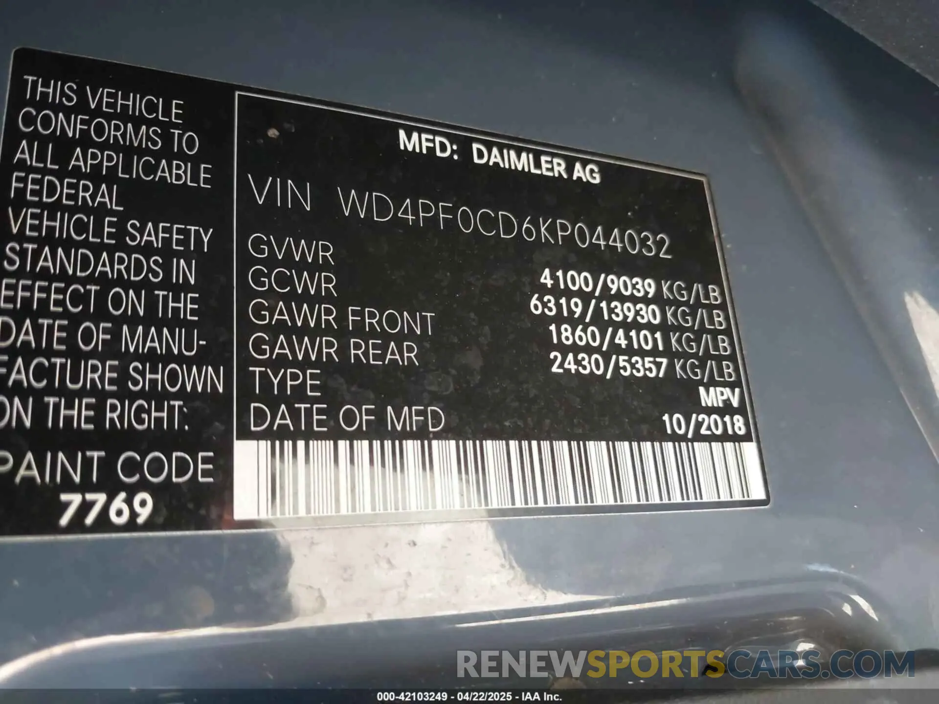 9 fotografías del automóvil dañado WD4PF0CD6KP044032 MERCEDES-BENZ SPRINTER 2500 2019