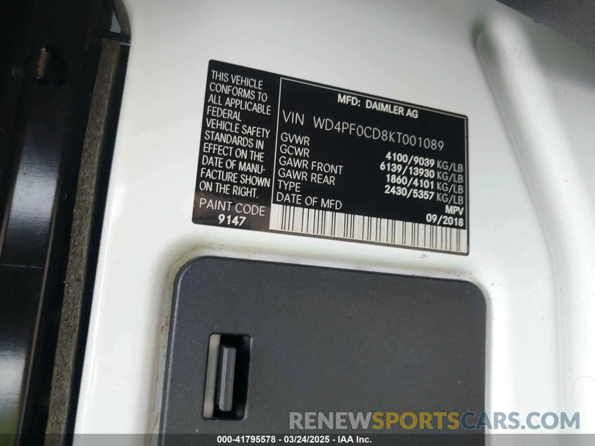 9 fotografías del automóvil dañado WD4PF0CD8KT001089 MERCEDES-BENZ SPRINTER 2500 2019