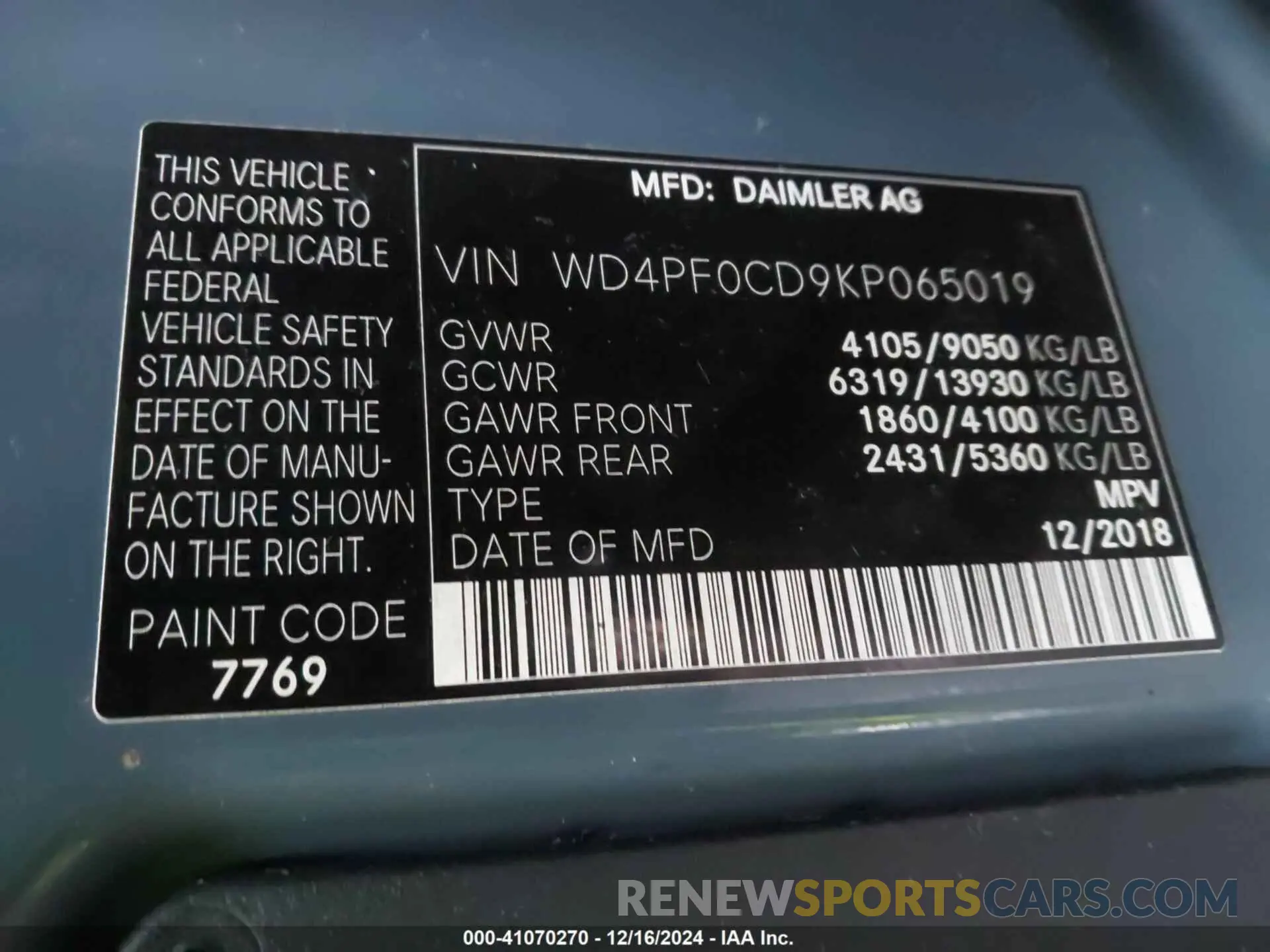 9 fotografías del automóvil dañado WD4PF0CD9KP065019 MERCEDES-BENZ SPRINTER 2500 2019