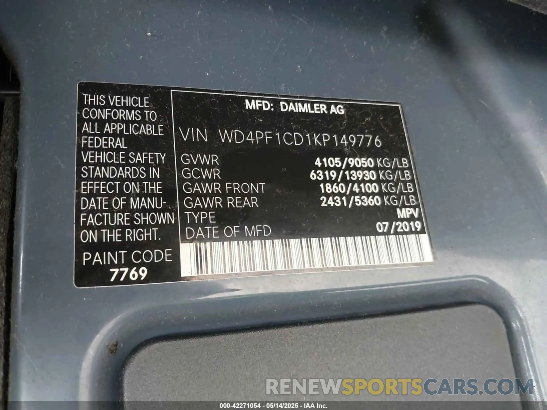 9 fotografías del automóvil dañado WD4PF1CD1KP149776 MERCEDES-BENZ SPRINTER 2500 2019