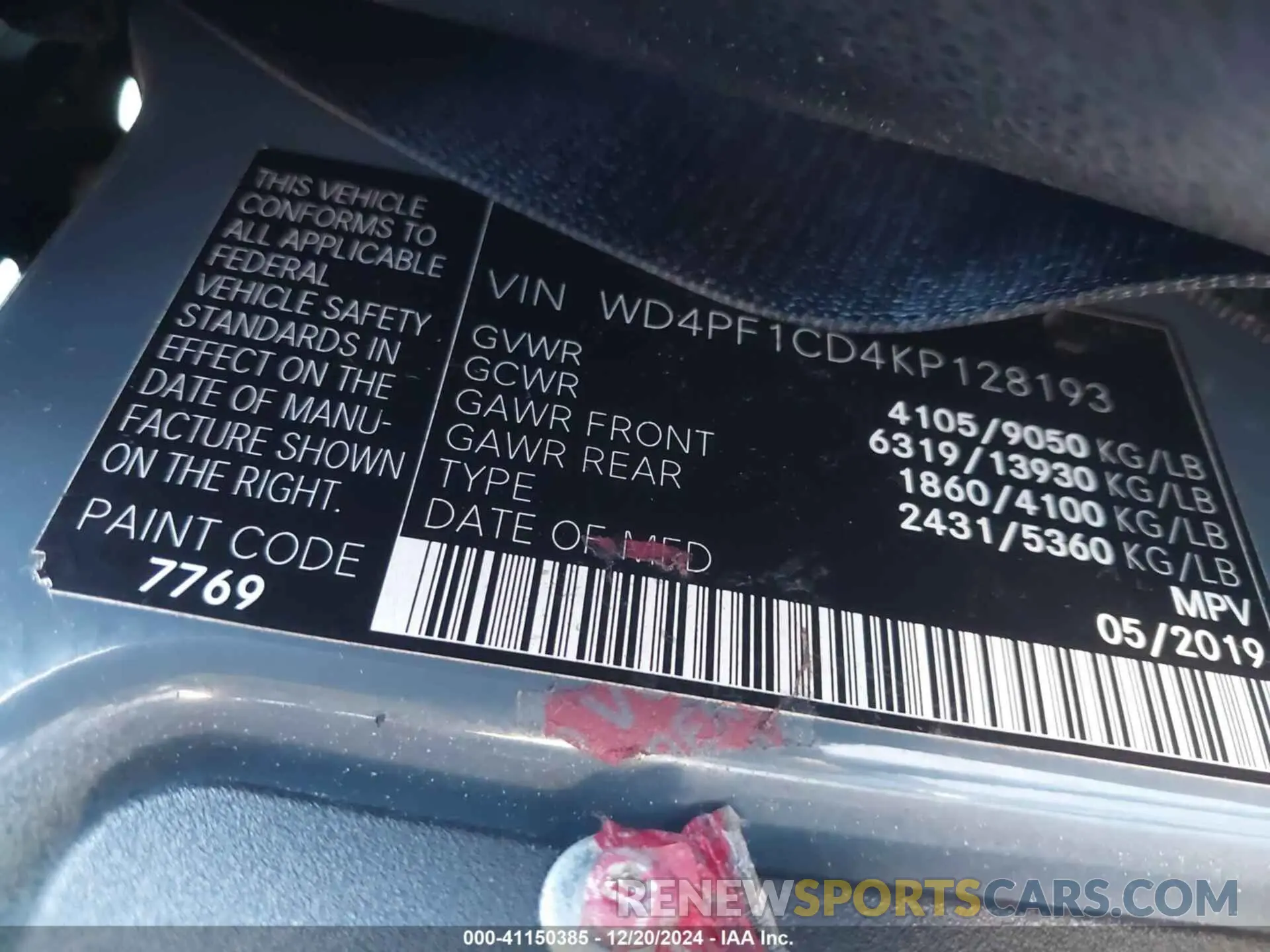 9 fotografías del automóvil dañado WD4PF1CD4KP128193 MERCEDES-BENZ SPRINTER 2500 2019