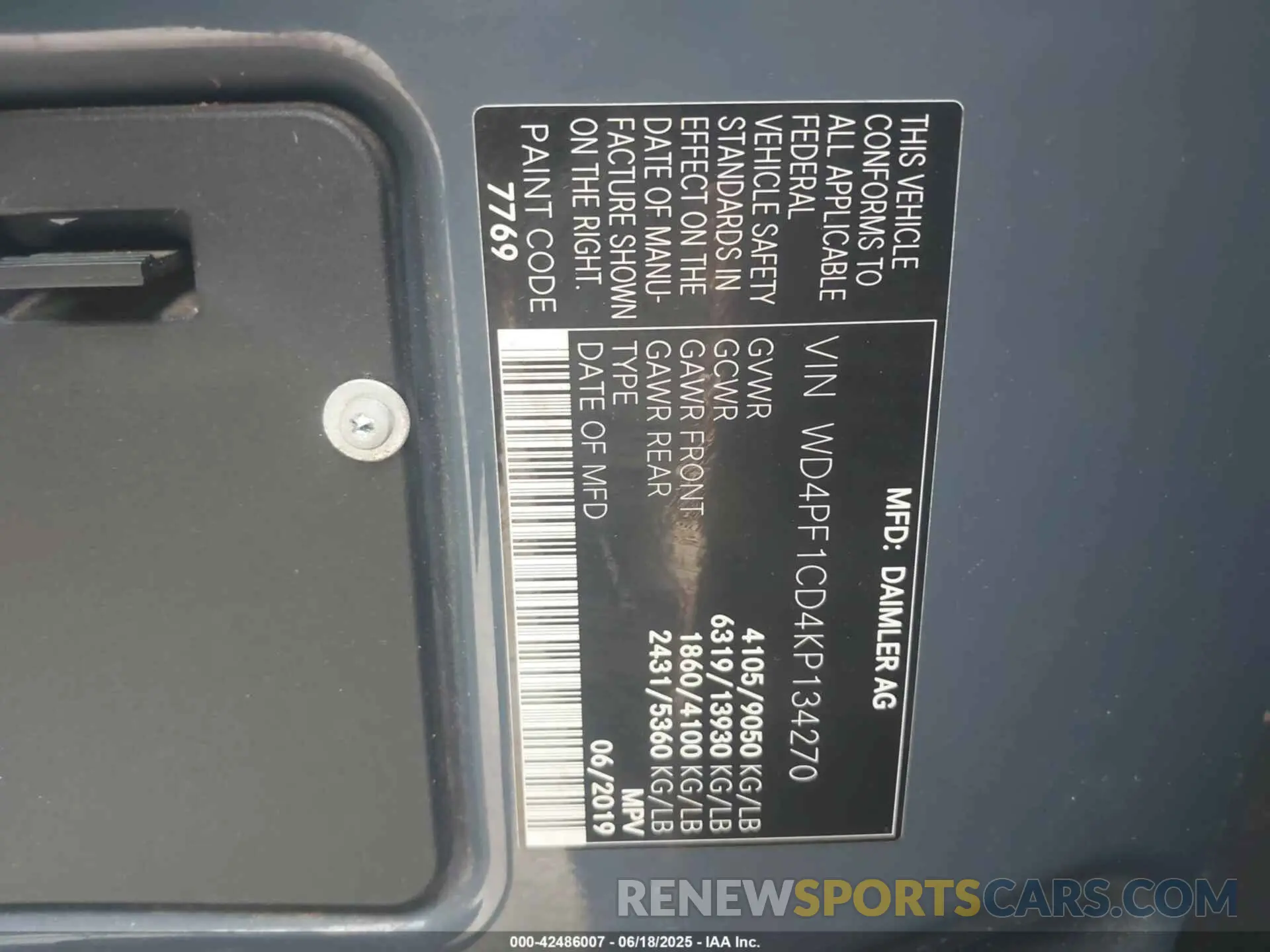 9 fotografías del automóvil dañado WD4PF1CD4KP134270 MERCEDES-BENZ SPRINTER 2500 2019