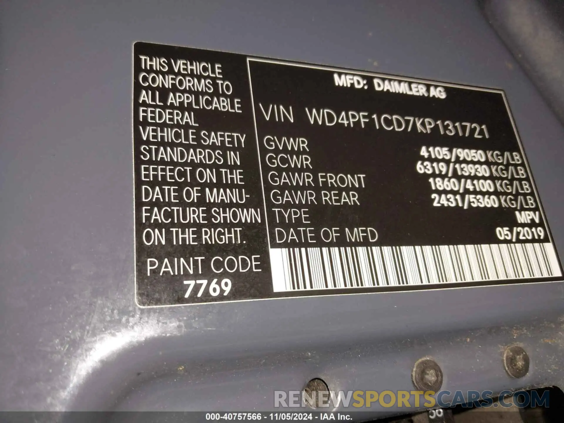 9 fotografías del automóvil dañado WD4PF1CD7KP131721 MERCEDES-BENZ SPRINTER 2500 2019
