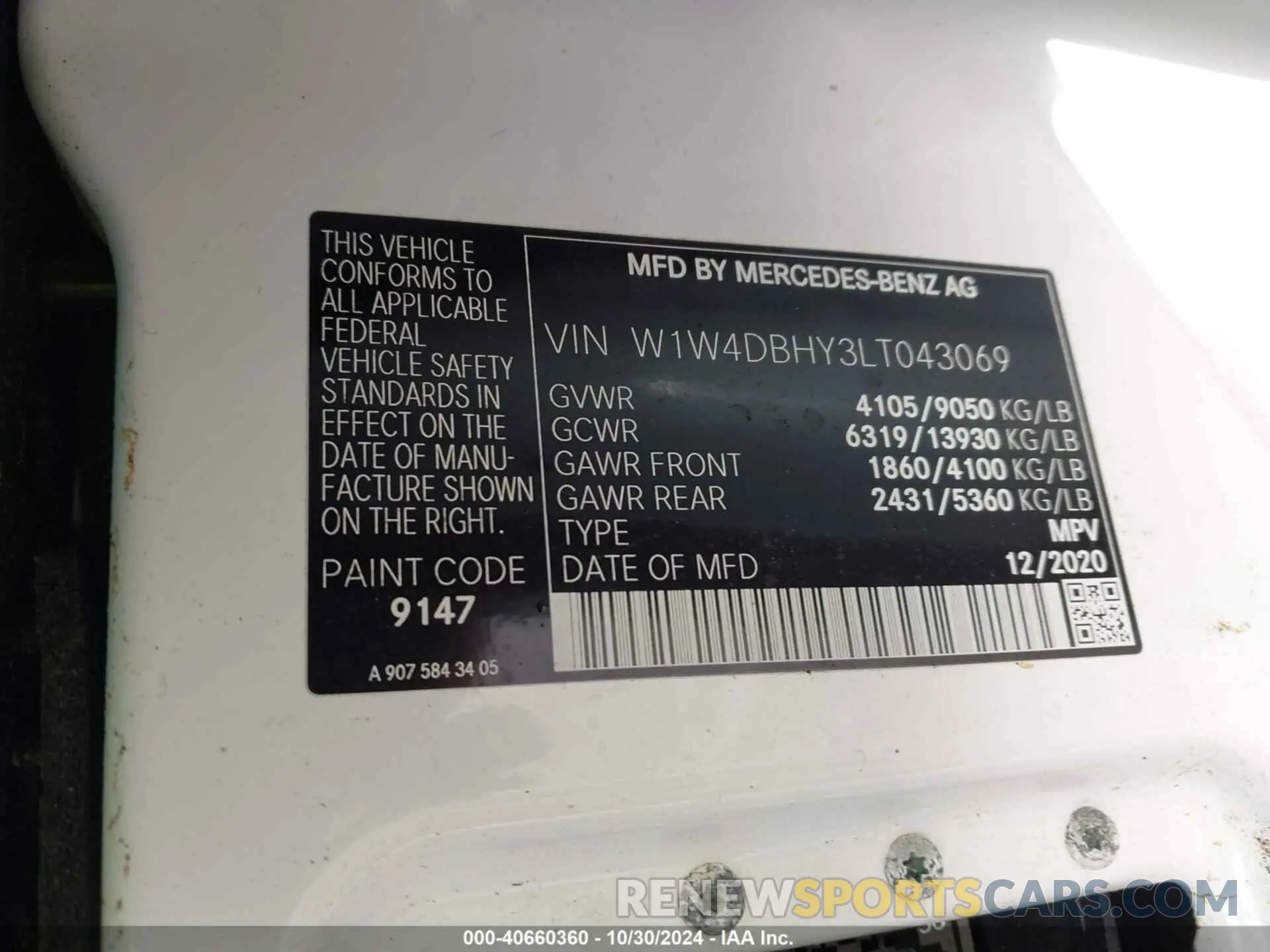 9 fotografías del automóvil dañado W1W4DBHY3LT043069 MERCEDES-BENZ SPRINTER 2500 2020