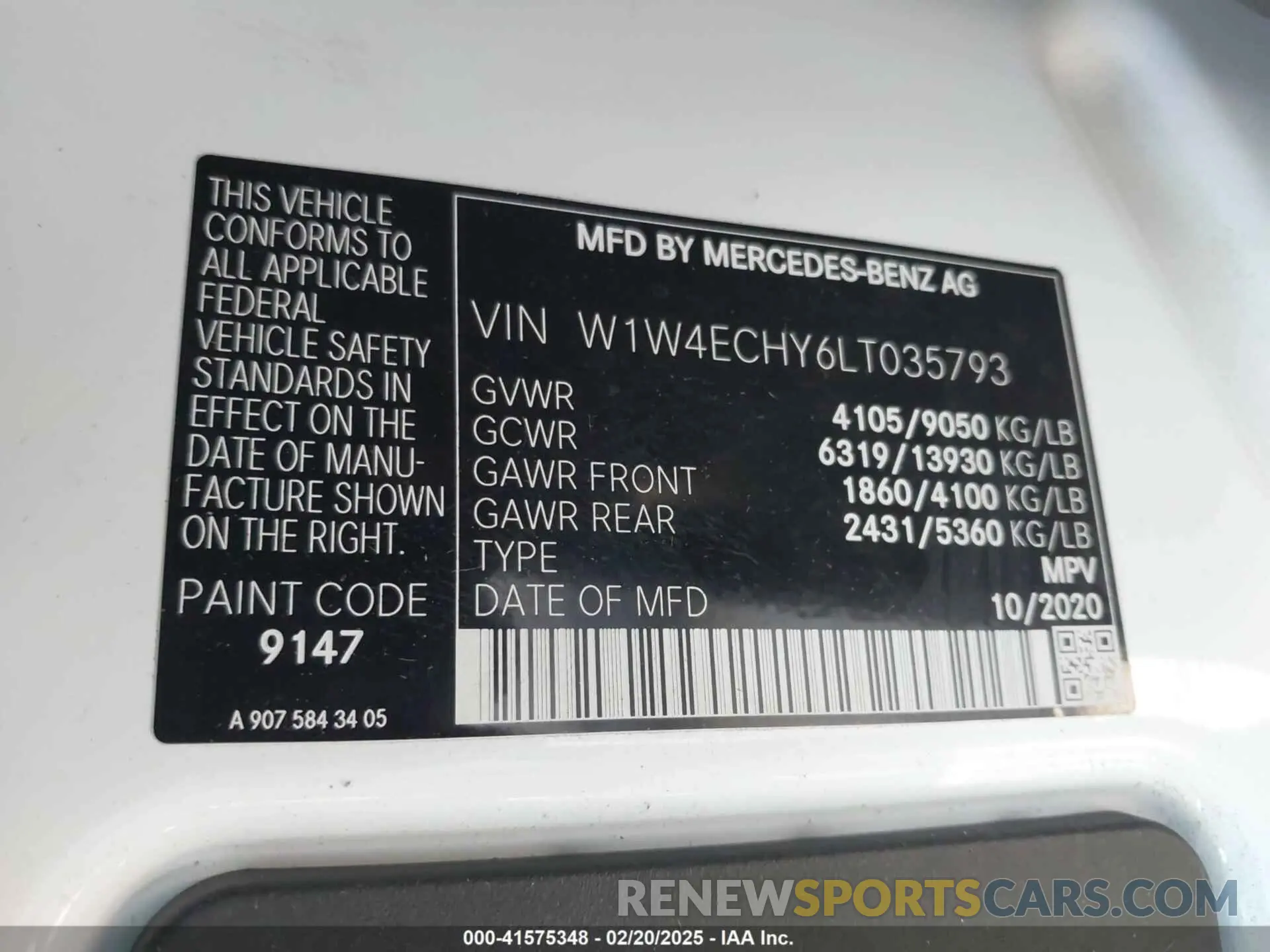 9 fotografías del automóvil dañado W1W4ECHY6LT035793 MERCEDES-BENZ SPRINTER 2500 2020