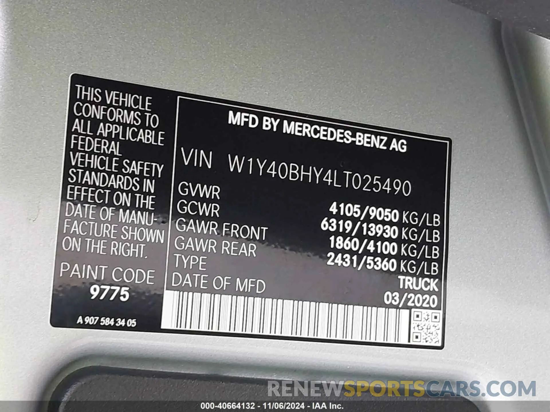 9 fotografías del automóvil dañado W1Y40BHY4LT025490 MERCEDES-BENZ SPRINTER 2500 2020