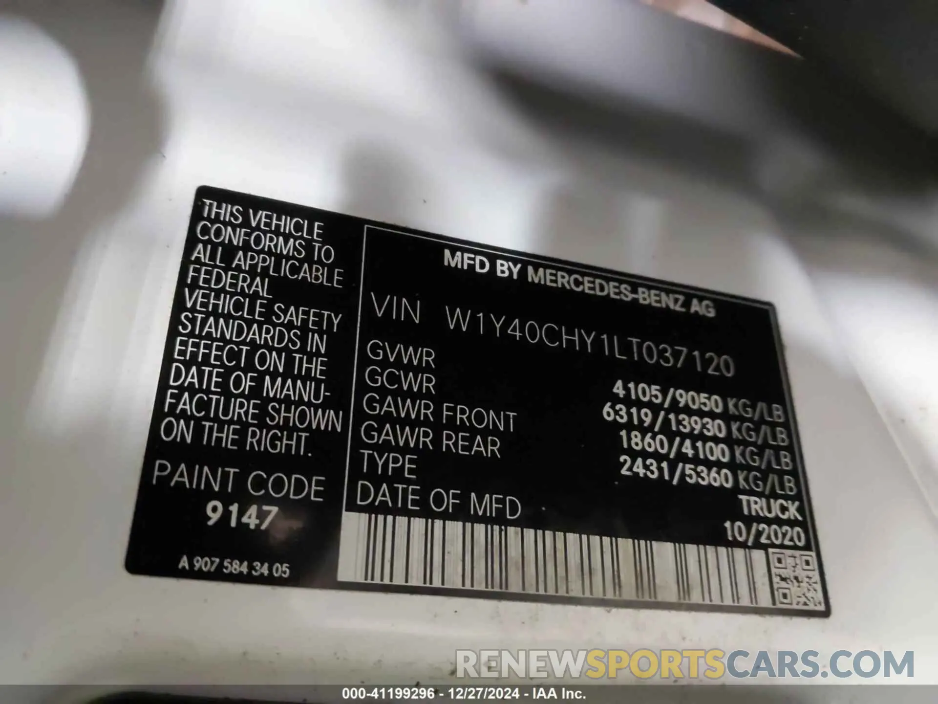 9 fotografías del automóvil dañado W1Y40CHY1LT037120 MERCEDES-BENZ SPRINTER 2500 2020