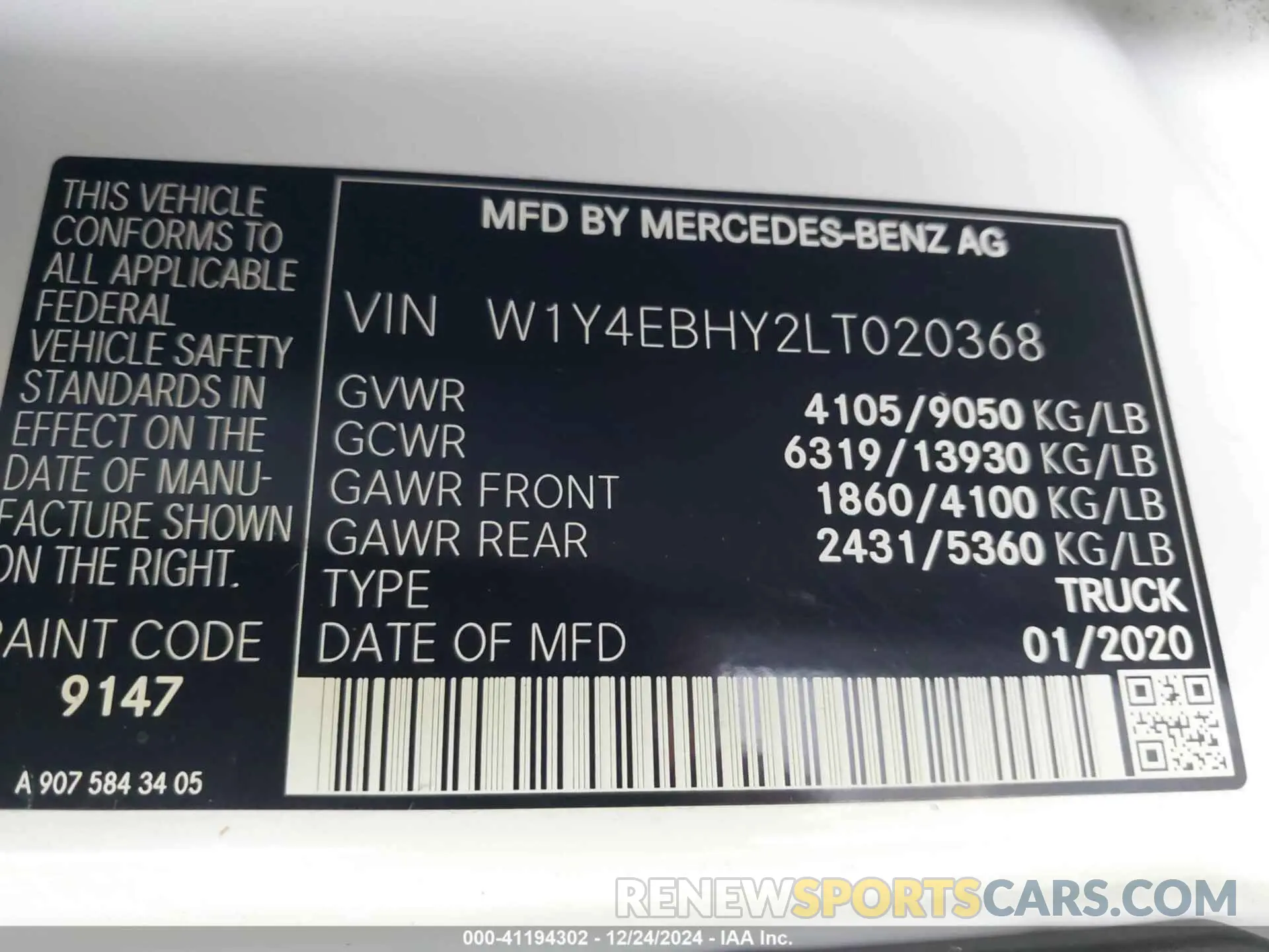 9 fotografías del automóvil dañado W1Y4EBHY2LT020368 MERCEDES-BENZ SPRINTER 2500 2020