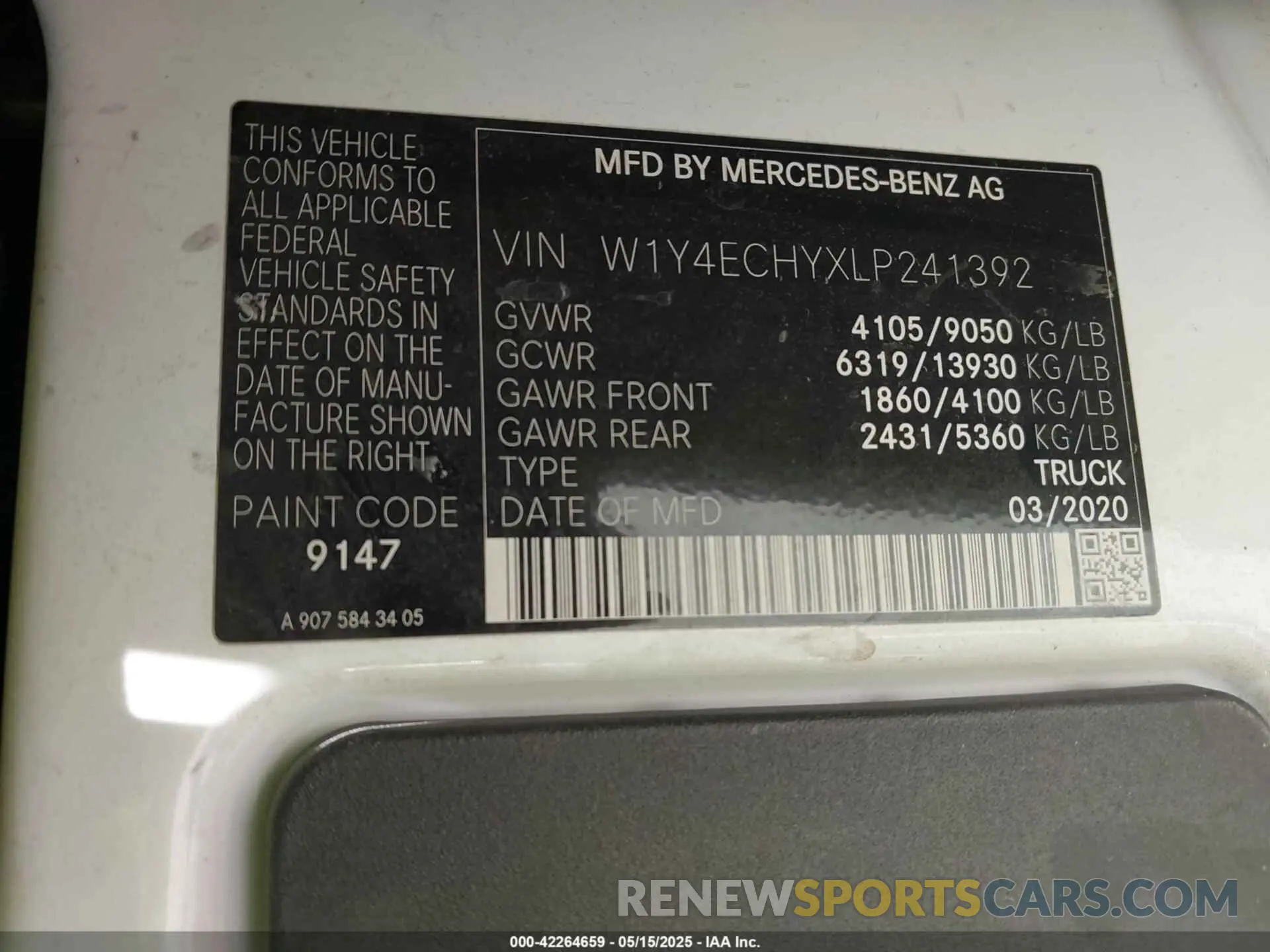 9 fotografías del automóvil dañado W1Y4ECHYXLP241392 MERCEDES-BENZ SPRINTER 2500 2020