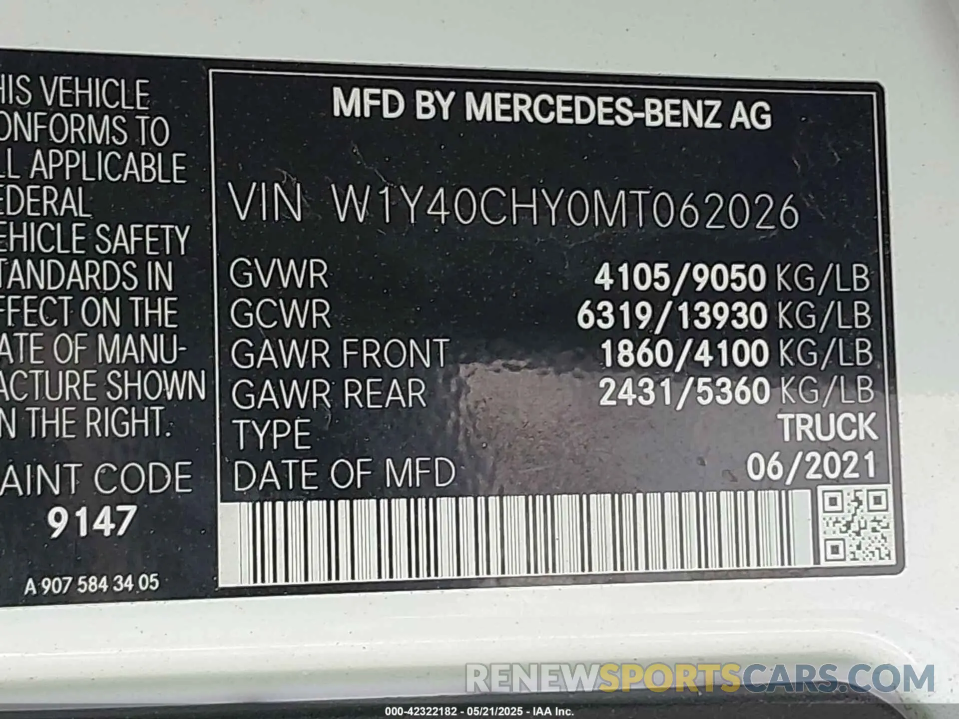 9 fotografías del automóvil dañado W1Y40CHY0MT062026 MERCEDES-BENZ SPRINTER 2500 2021