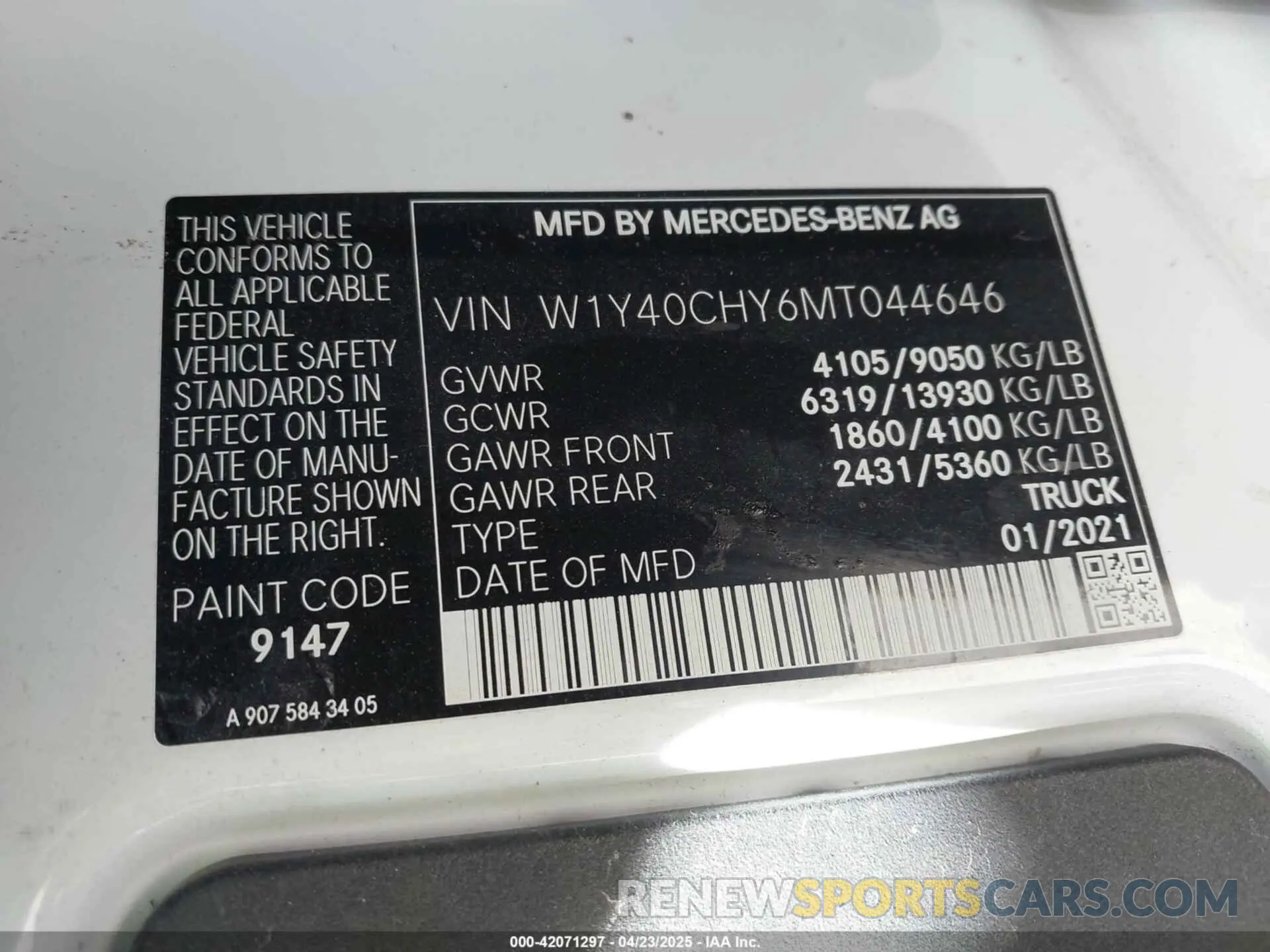 9 fotografías del automóvil dañado W1Y40CHY6MT044646 MERCEDES-BENZ SPRINTER 2500 2021