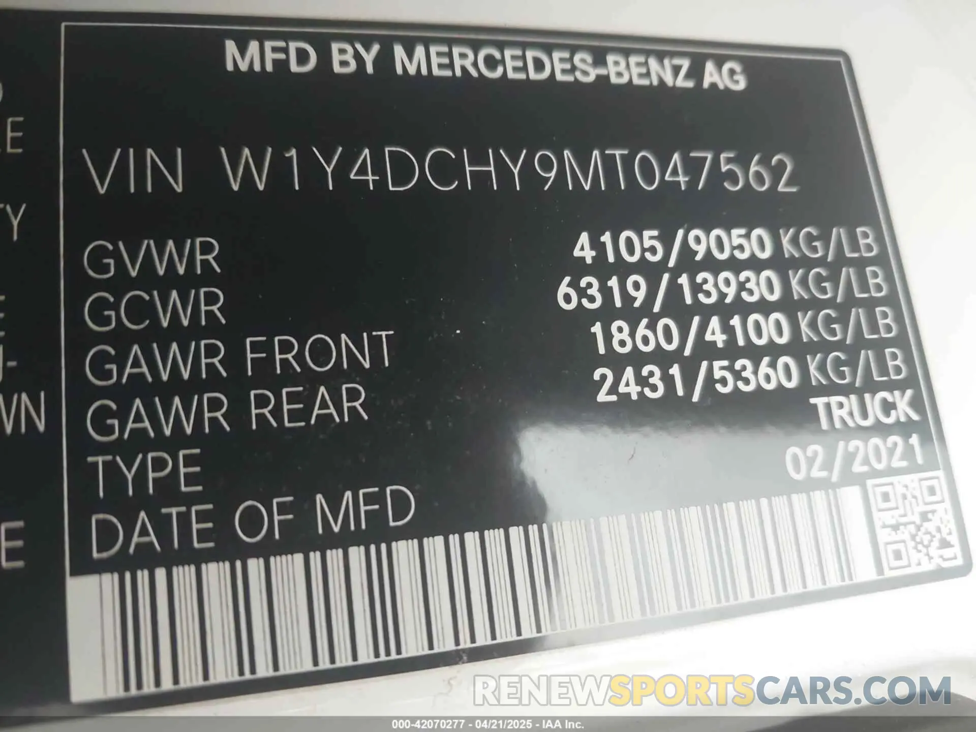 9 fotografías del automóvil dañado W1Y4DCHY9MT047562 MERCEDES-BENZ SPRINTER 2500 2021