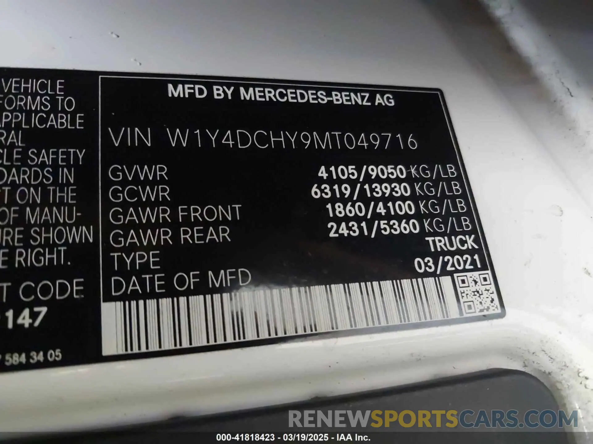 9 fotografías del automóvil dañado W1Y4DCHY9MT049716 MERCEDES-BENZ SPRINTER 2500 2021