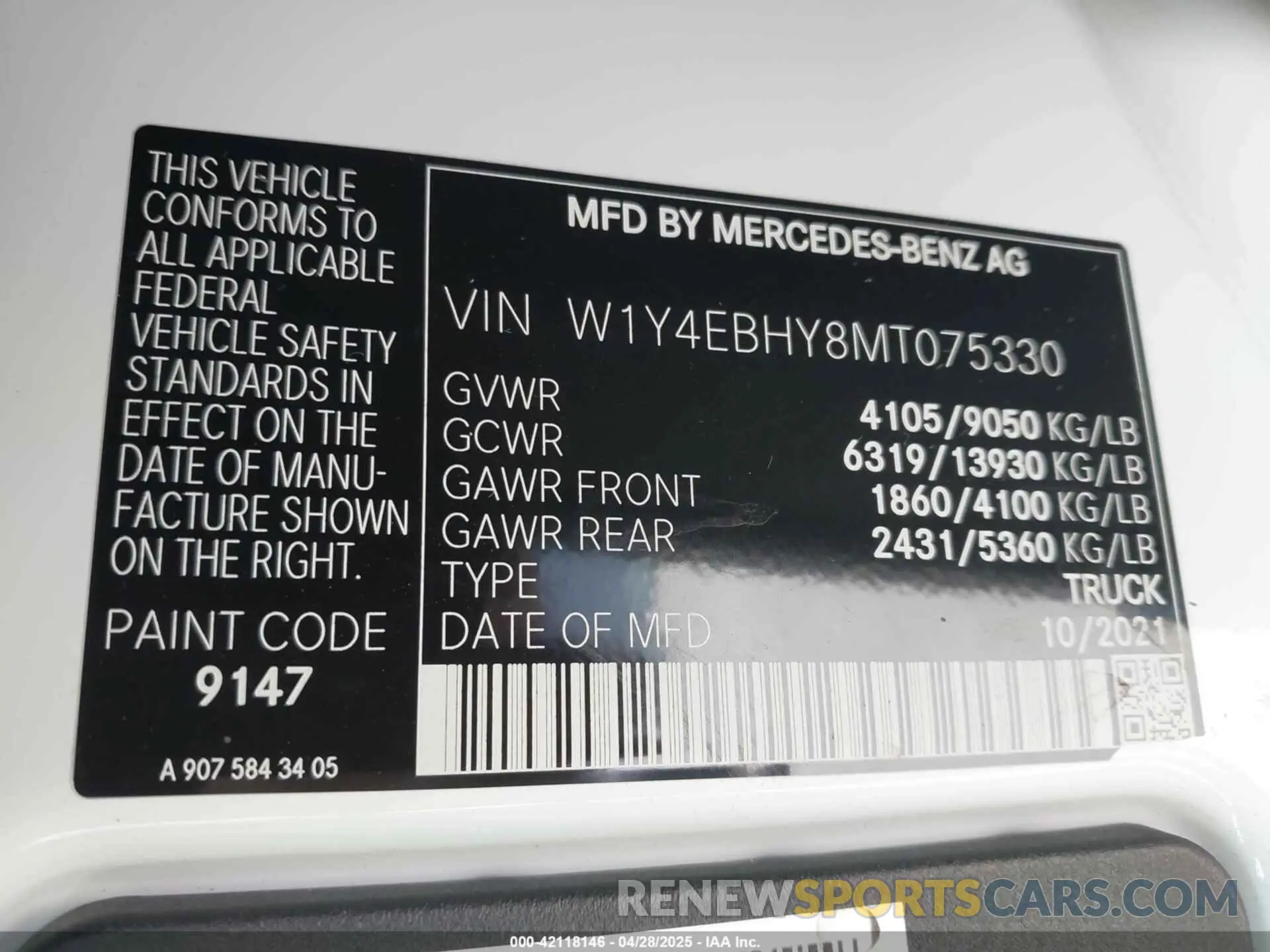 9 fotografías del automóvil dañado W1Y4EBHY8MT075330 MERCEDES-BENZ SPRINTER 2500 2021