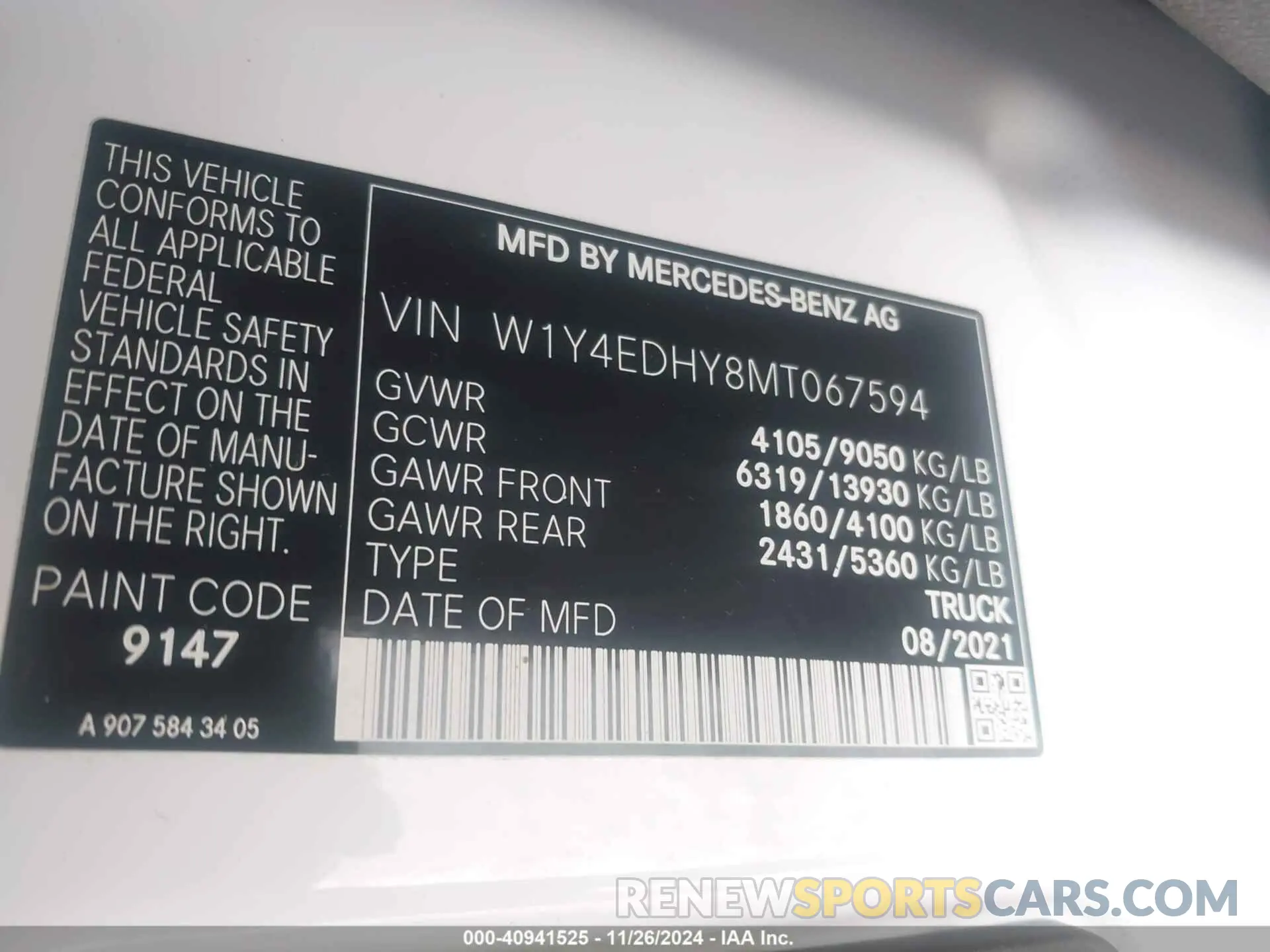 9 fotografías del automóvil dañado W1Y4EDHY8MT067594 MERCEDES-BENZ SPRINTER 2500 2021