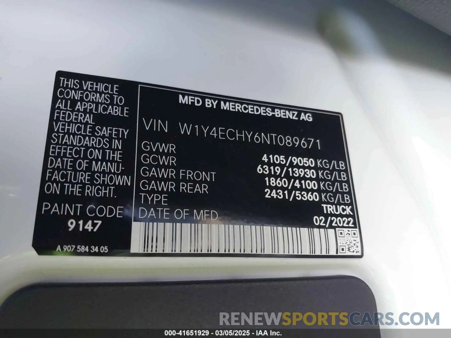 9 fotografías del automóvil dañado W1Y4ECHY6NT089671 MERCEDES-BENZ SPRINTER 2500 2022