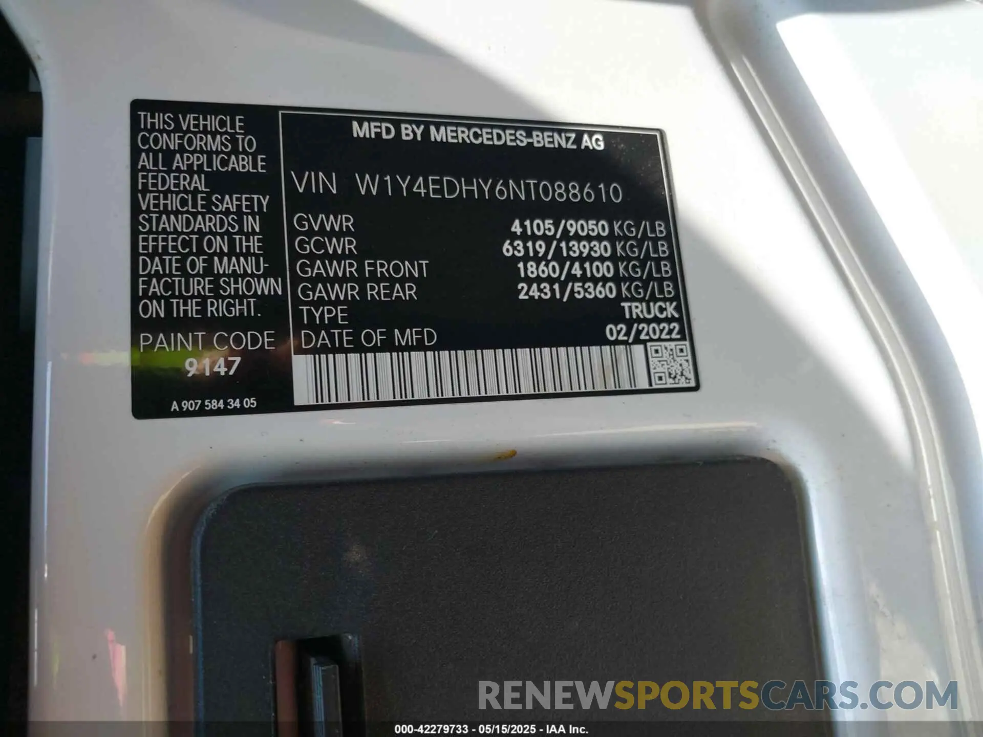 9 fotografías del automóvil dañado W1Y4EDHY6NT088610 MERCEDES-BENZ SPRINTER 2500 2022