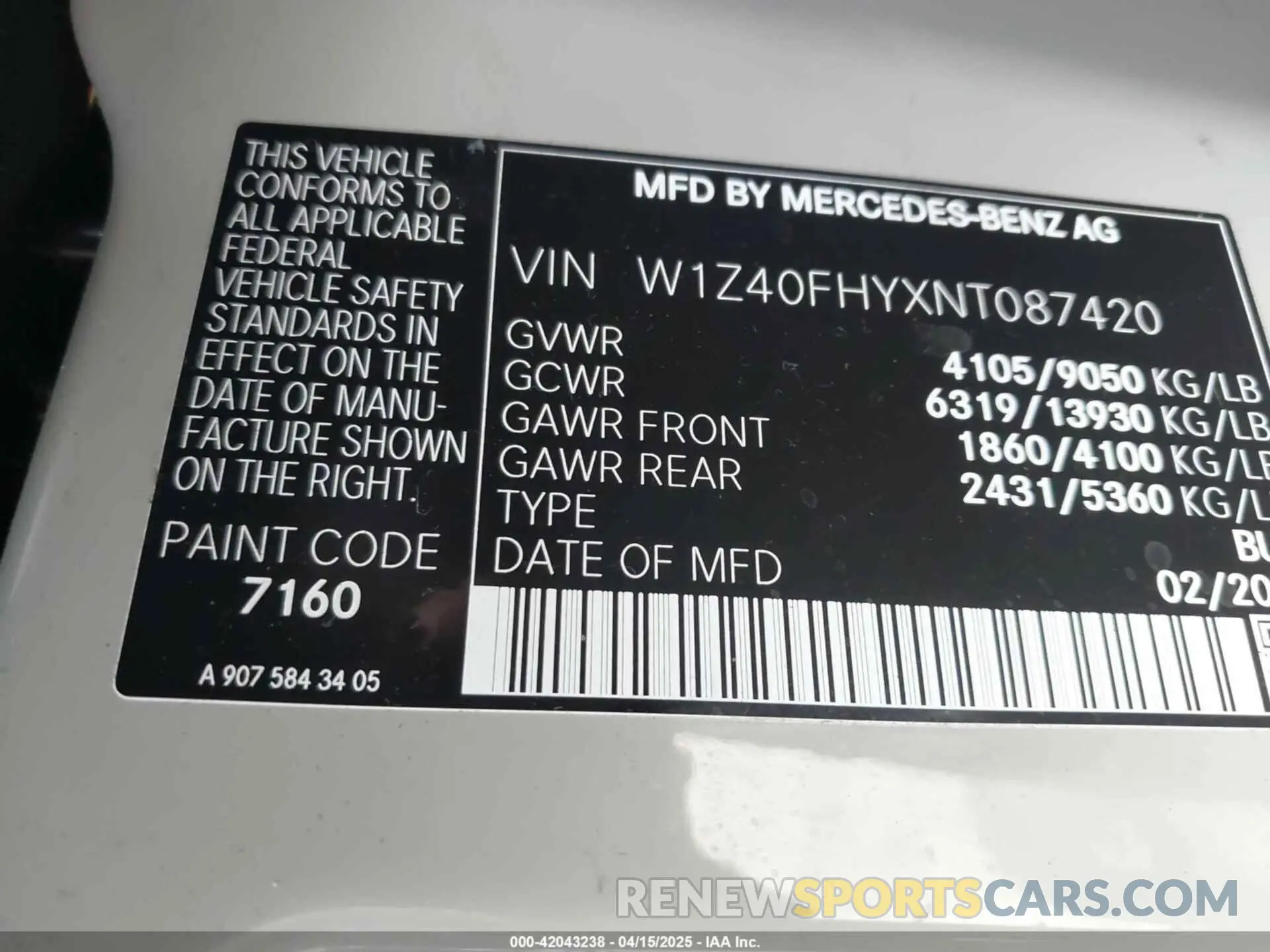 9 fotografías del automóvil dañado W1Z40FHYXNT087420 MERCEDES-BENZ SPRINTER 2500 2022