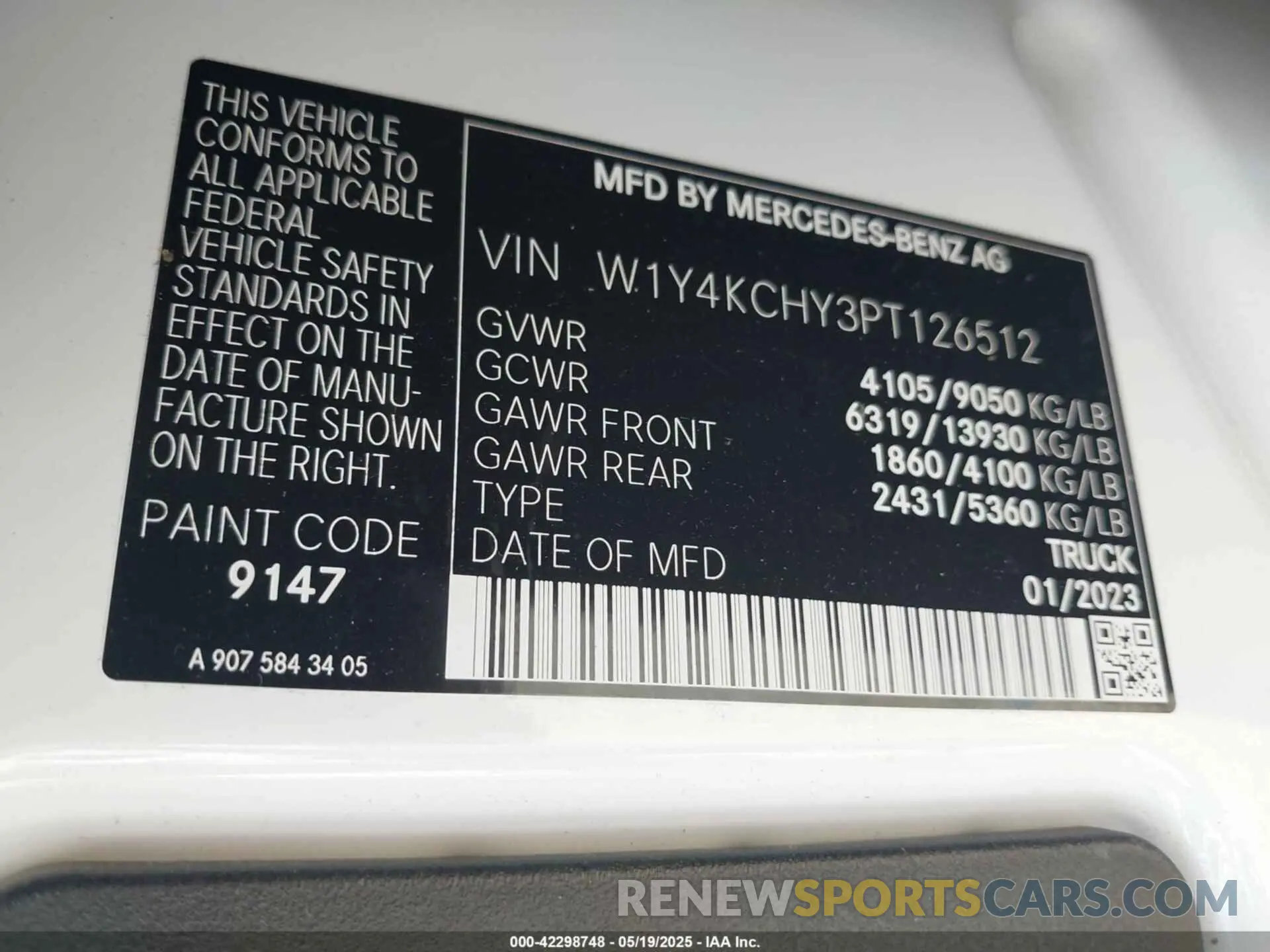 9 fotografías del automóvil dañado W1Y4KCHY3PT126512 MERCEDES-BENZ SPRINTER 2500 2023