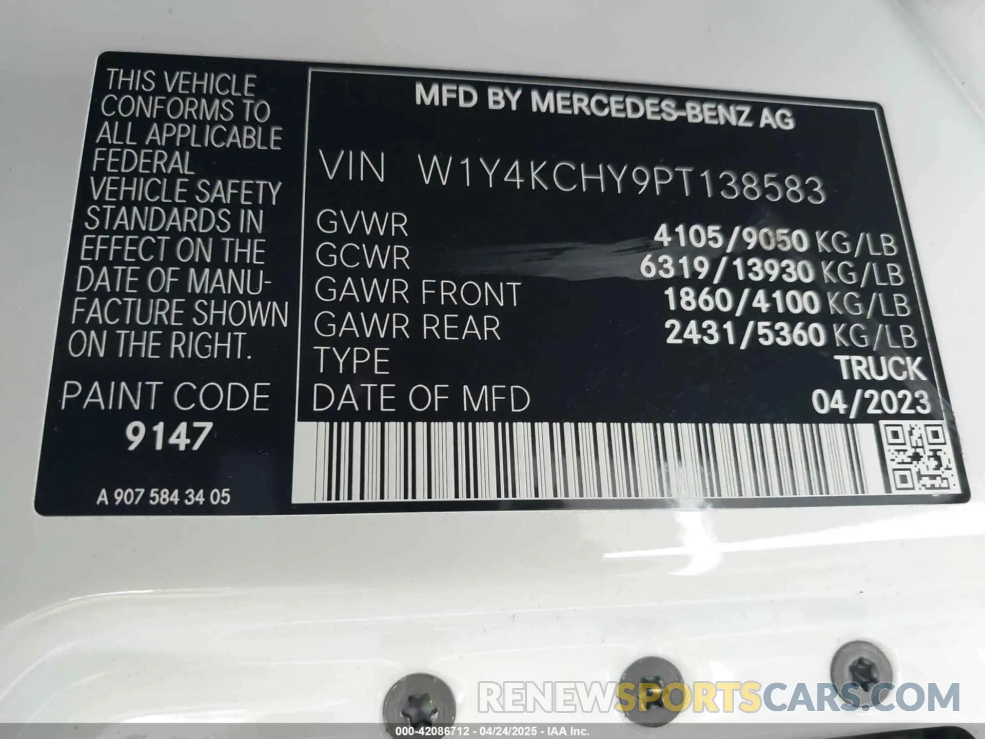9 fotografías del automóvil dañado W1Y4KCHY9PT138583 MERCEDES-BENZ SPRINTER 2500 2023