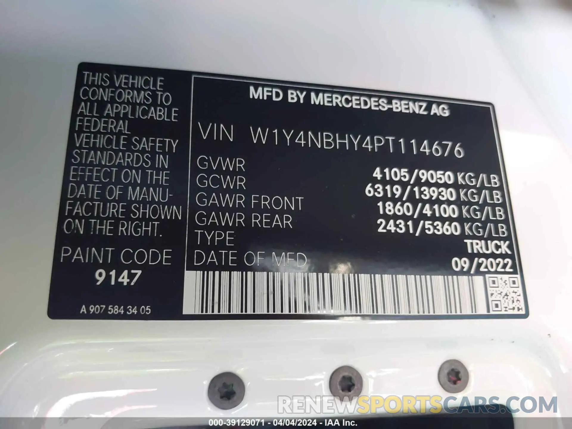 9 fotografías del automóvil dañado W1Y4NBHY4PT114676 MERCEDES-BENZ SPRINTER 2500 2023