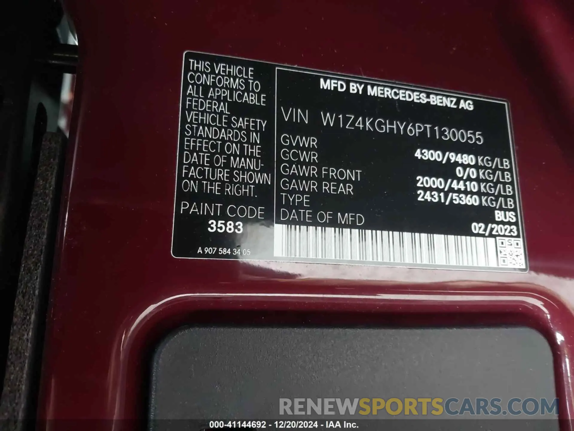 9 fotografías del automóvil dañado W1Z4KGHY6PT130055 MERCEDES-BENZ SPRINTER 2500 2023