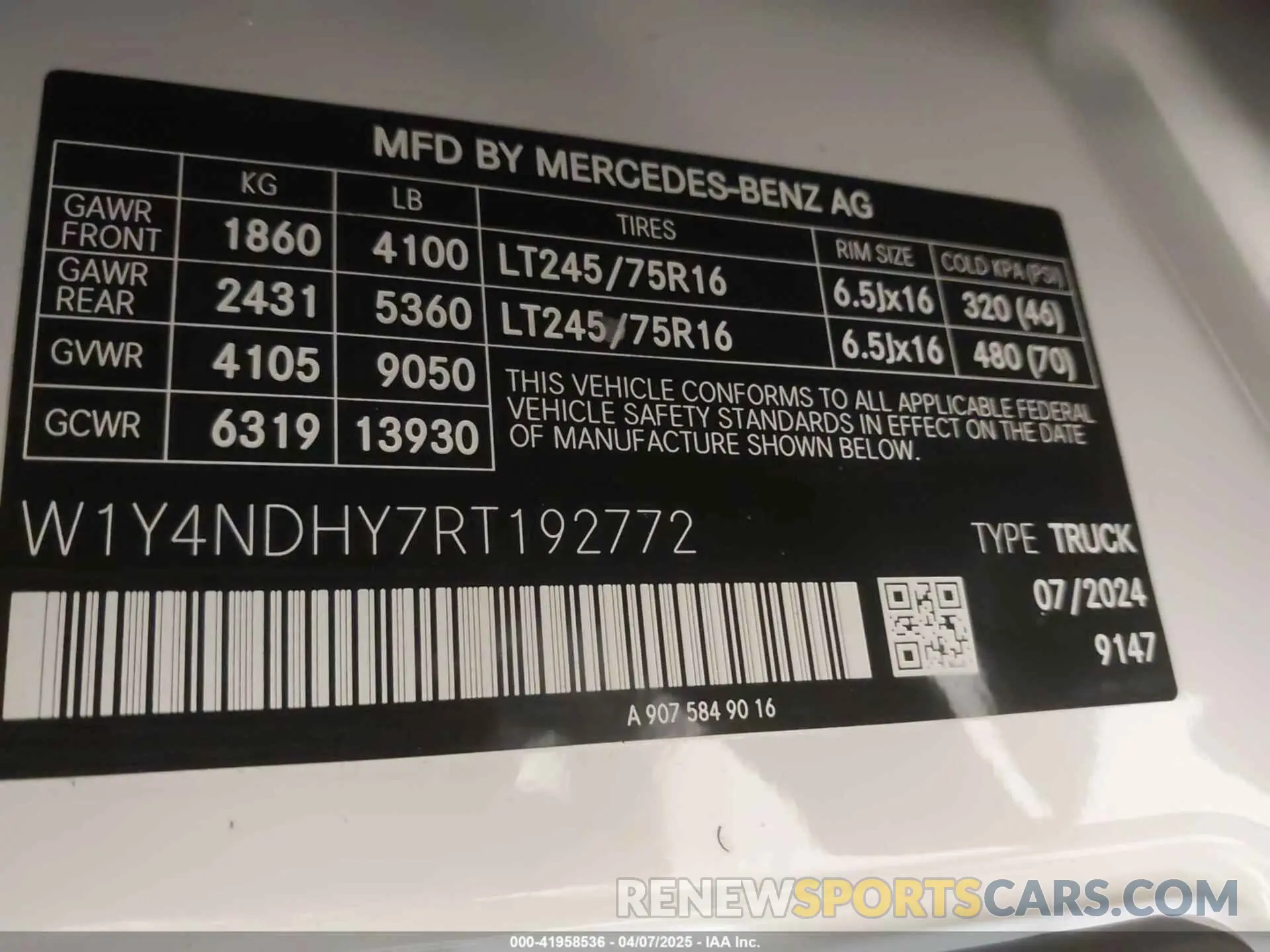 9 fotografías del automóvil dañado W1Y4NDHY7RT192772 MERCEDES-BENZ SPRINTER 2500 2024
