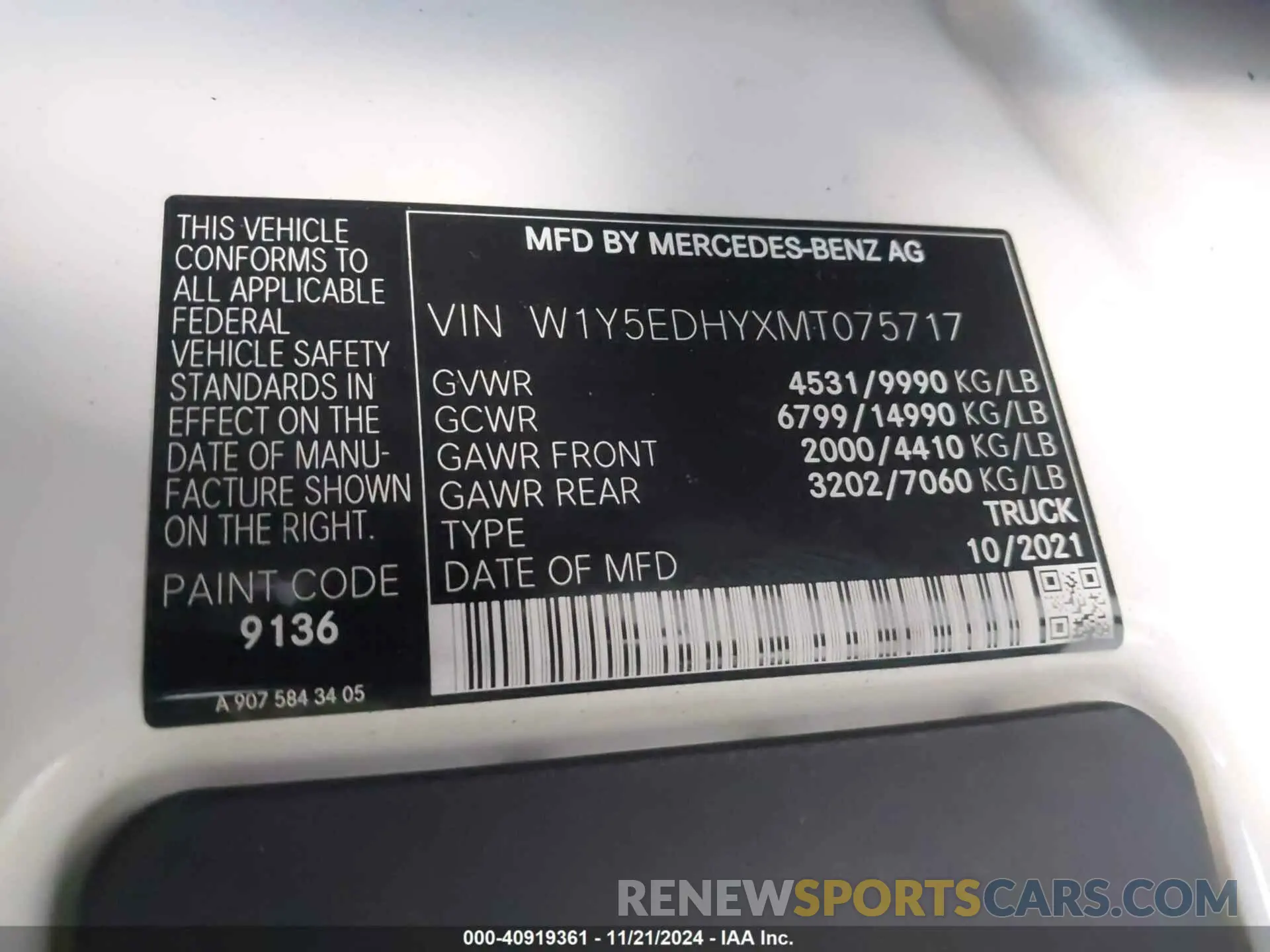 9 fotografías del automóvil dañado W1Y5EDHYXMT075717 MERCEDES-BENZ SPRINTER 3500 2021