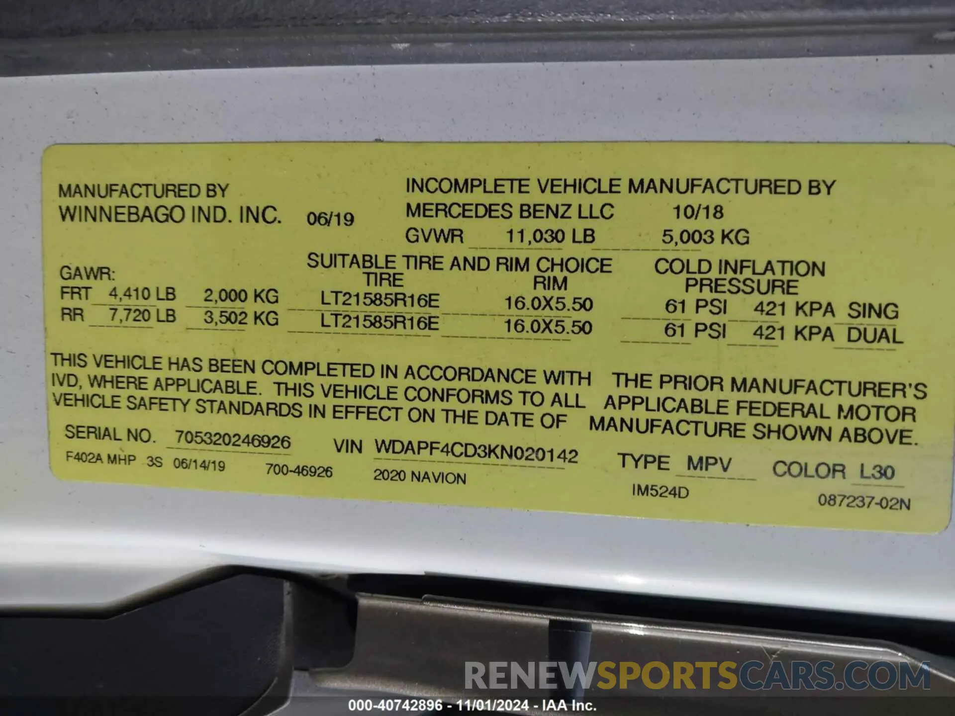 9 fotografías del automóvil dañado WDAPF4CD3KN020142 MERCEDES-BENZ SPRINTER 4500 2020