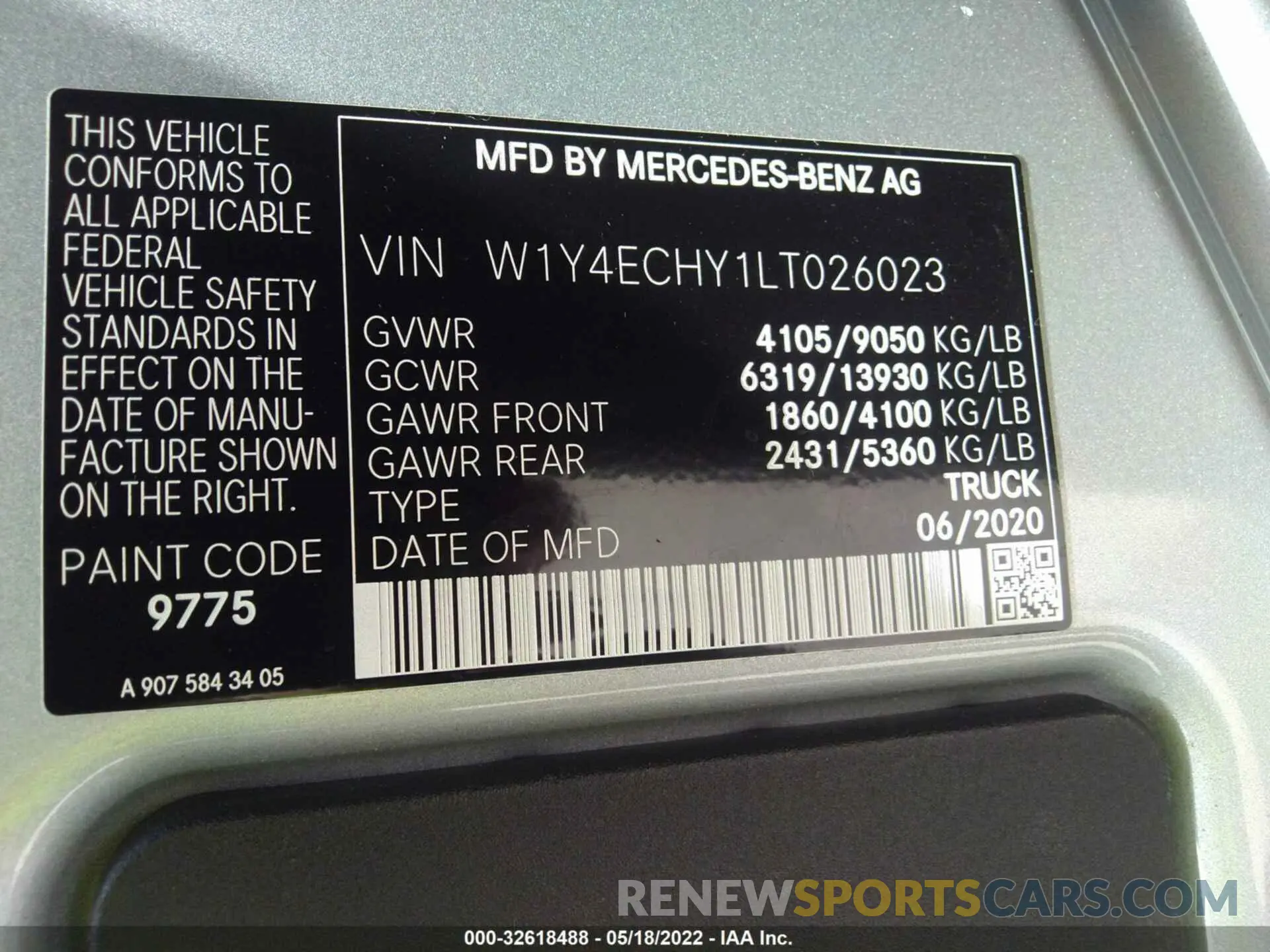 9 fotografías del automóvil dañado W1Y4ECHY1LT026023 MERCEDES-BENZ SPRINTER CARGO VAN 2020