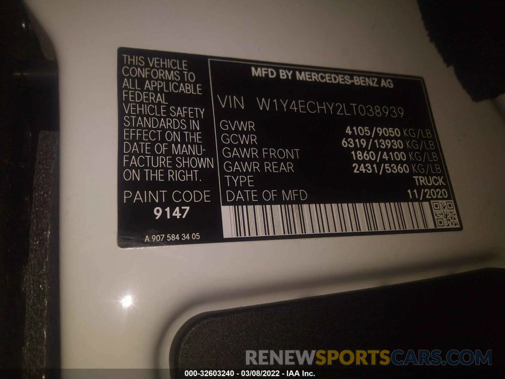 9 fotografías del automóvil dañado W1Y4ECHY2LT038939 MERCEDES-BENZ SPRINTER CARGO VAN 2020