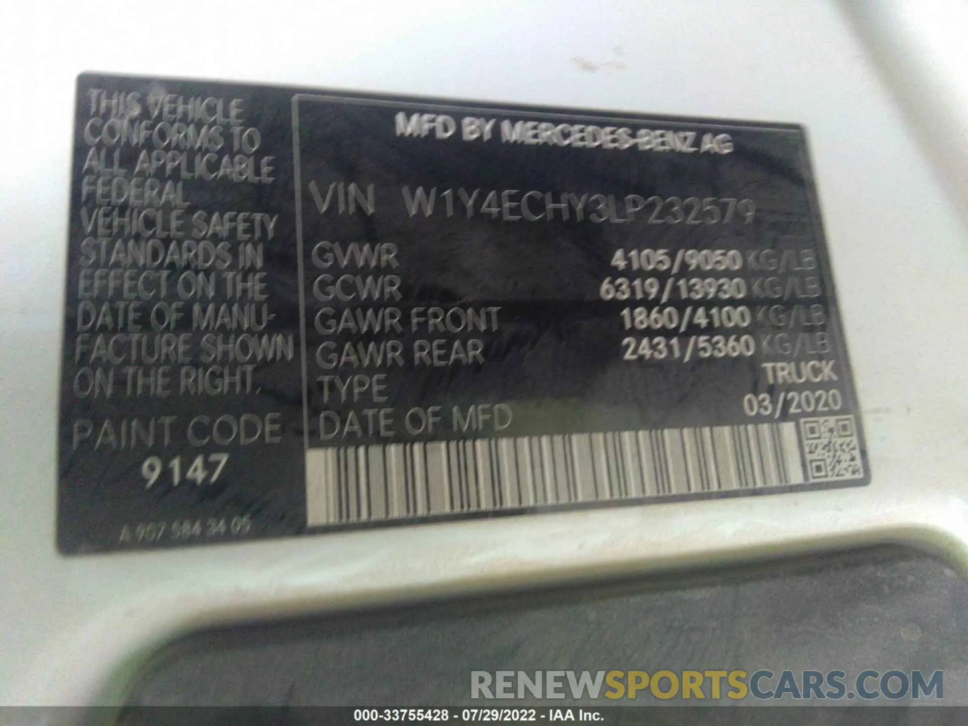 9 fotografías del automóvil dañado W1Y4ECHY3LP232579 MERCEDES-BENZ SPRINTER CARGO VAN 2020